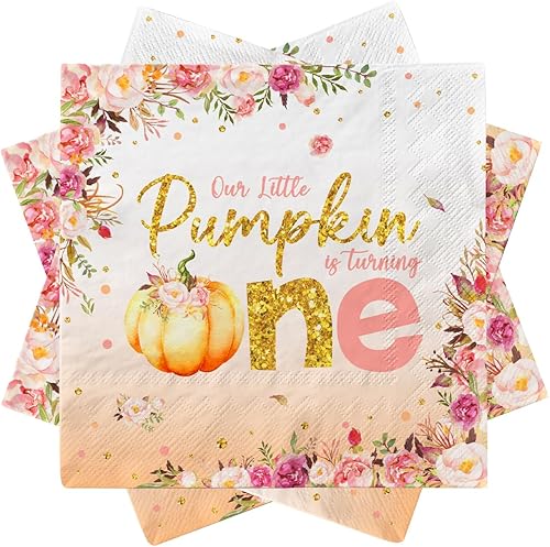 Decoraciones de primer cumpleaños de calabaza pequeña, 40 servilletas desechables de calabaza de otoño para el primer cumpleaños, suministros de