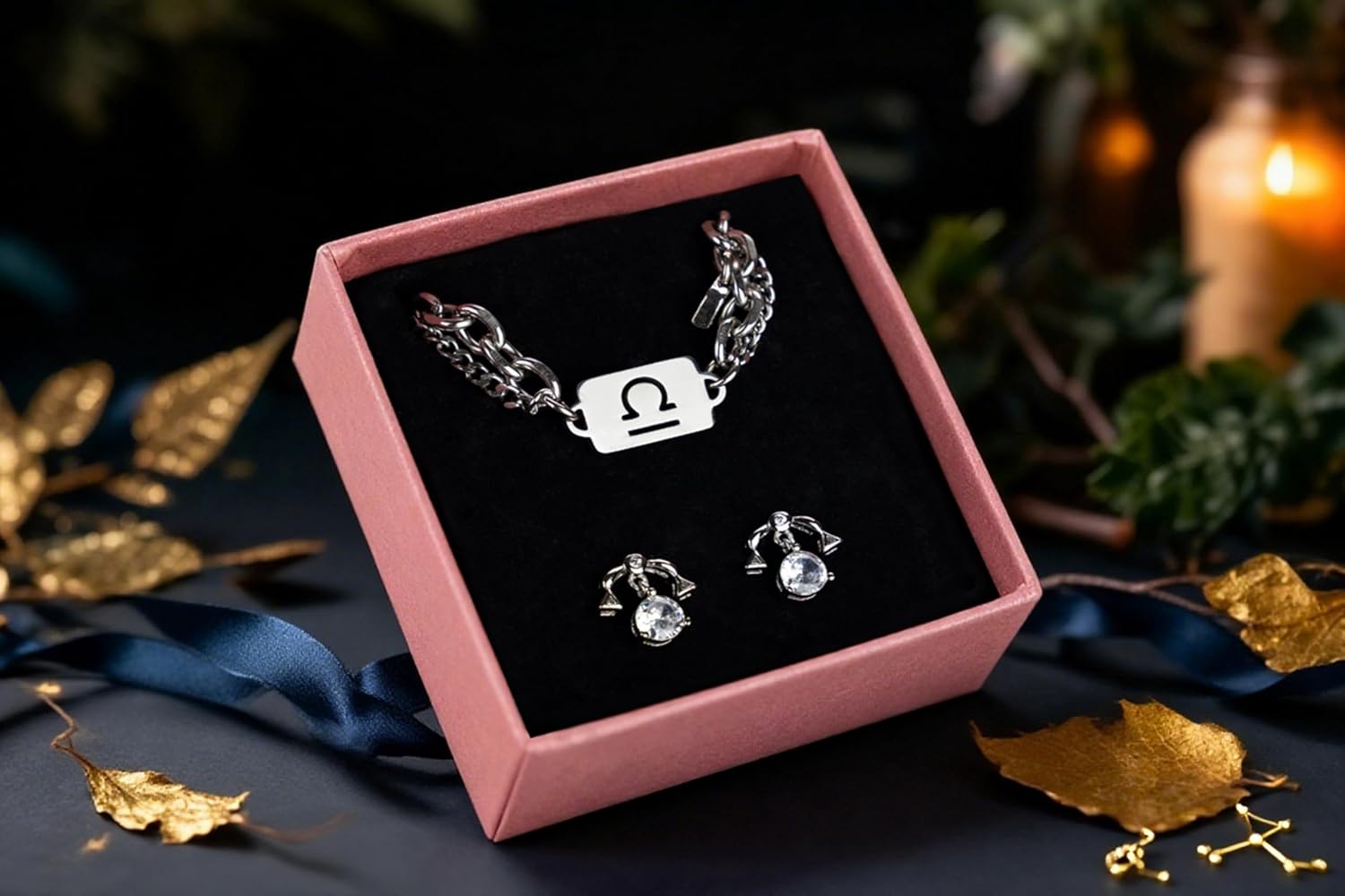 Aries Gifts for Women - Crystal Stone Rose Scented Candle with Zodiac Bracelet and Earrings - Zodiac Gift Set for Her Birthday, Astrology Lover, Christmas