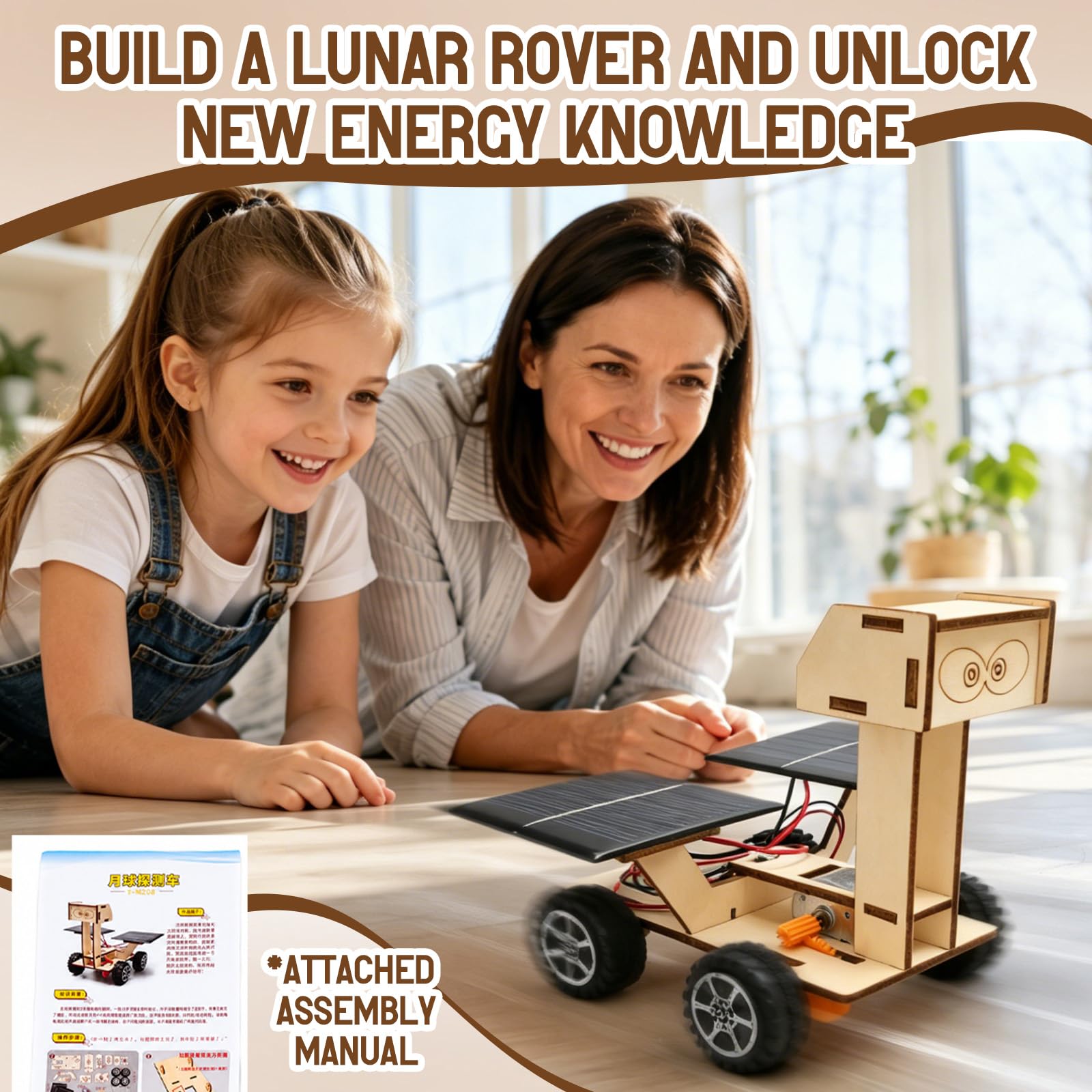 DIY Solarbetriebener Mondrover, Solar HolzMondrover Bausatz, Solarbetriebenes 3D Holzpuzzle, Space Exploration Baukasten, DIY Technik Kit,Experimente Bastelset für Jungen und Mädchen
