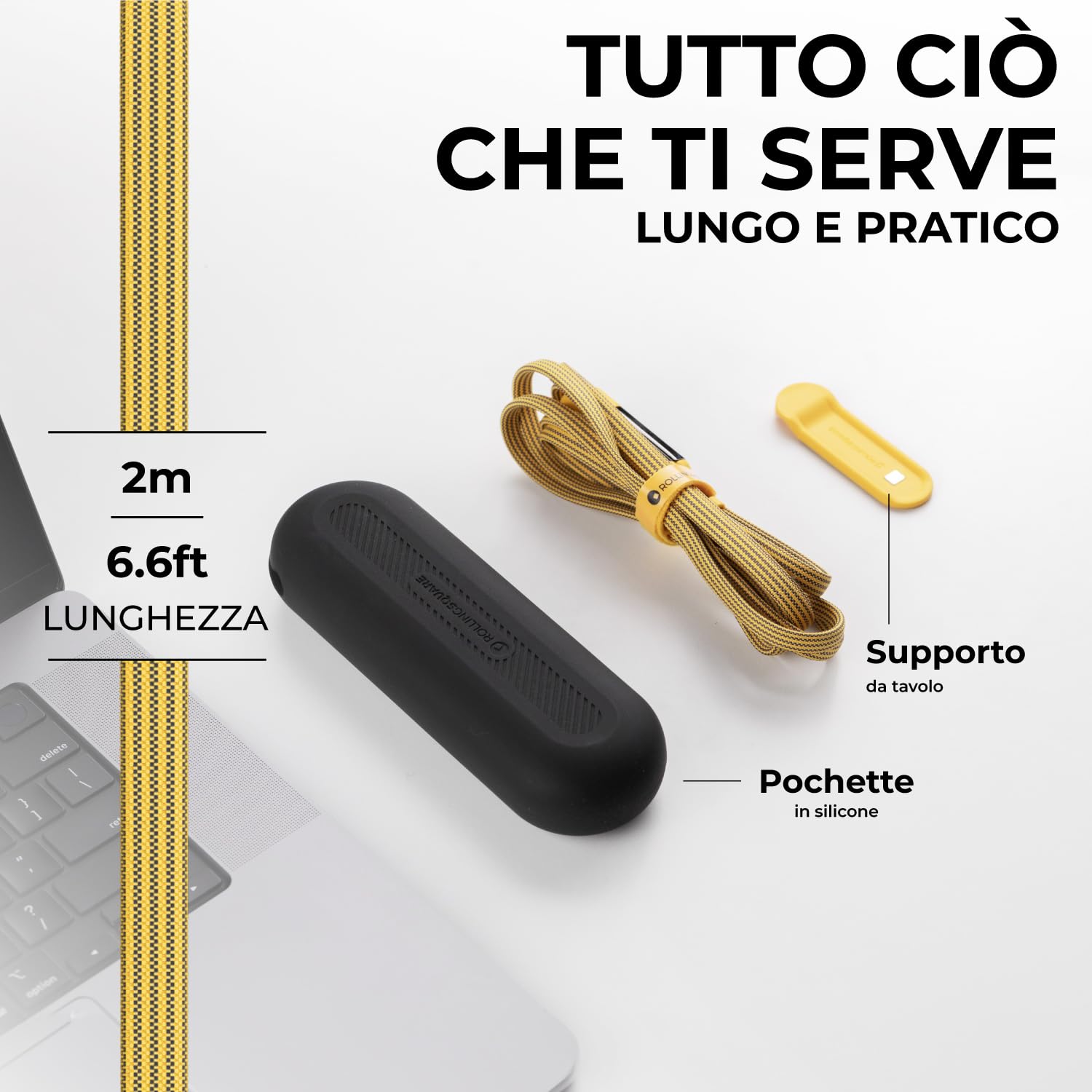 Rolling Square inCharge XL 200 cm - Cavo Usb Type-c, Cavo Universale Cellulare, Regalo Uomo, Caricatore Universale Cellulare 6 in 1, Gadget Tecnologico, Giallo, Cavo Lightning da 100W