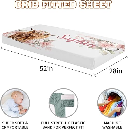 Miniatura 5 de Sábana bajera ajustable personalizada de 2 piezas para cuna  Sábana personalizada para cuna de vaca de las tierras altas con nombre de bebé, sábana