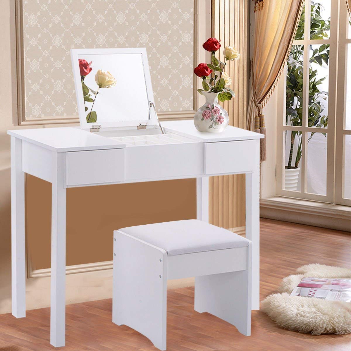 Casart Bathroom Vanity Dressing Table with Flip Top Mirror 2 Drawers 3 Removable Organizers (White)