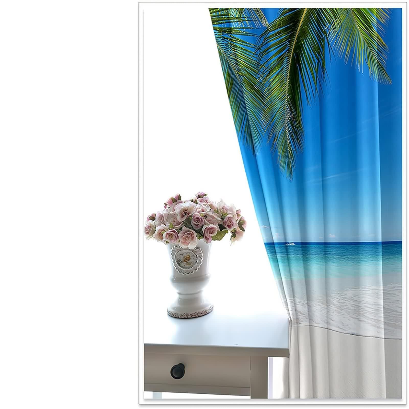 Rideau Anniversaire, Rideau Stof Polyester Bleu Vert Beige Paysage de Feuilles de Palmier sur La Plage 107L x 138H CM Lot de 2