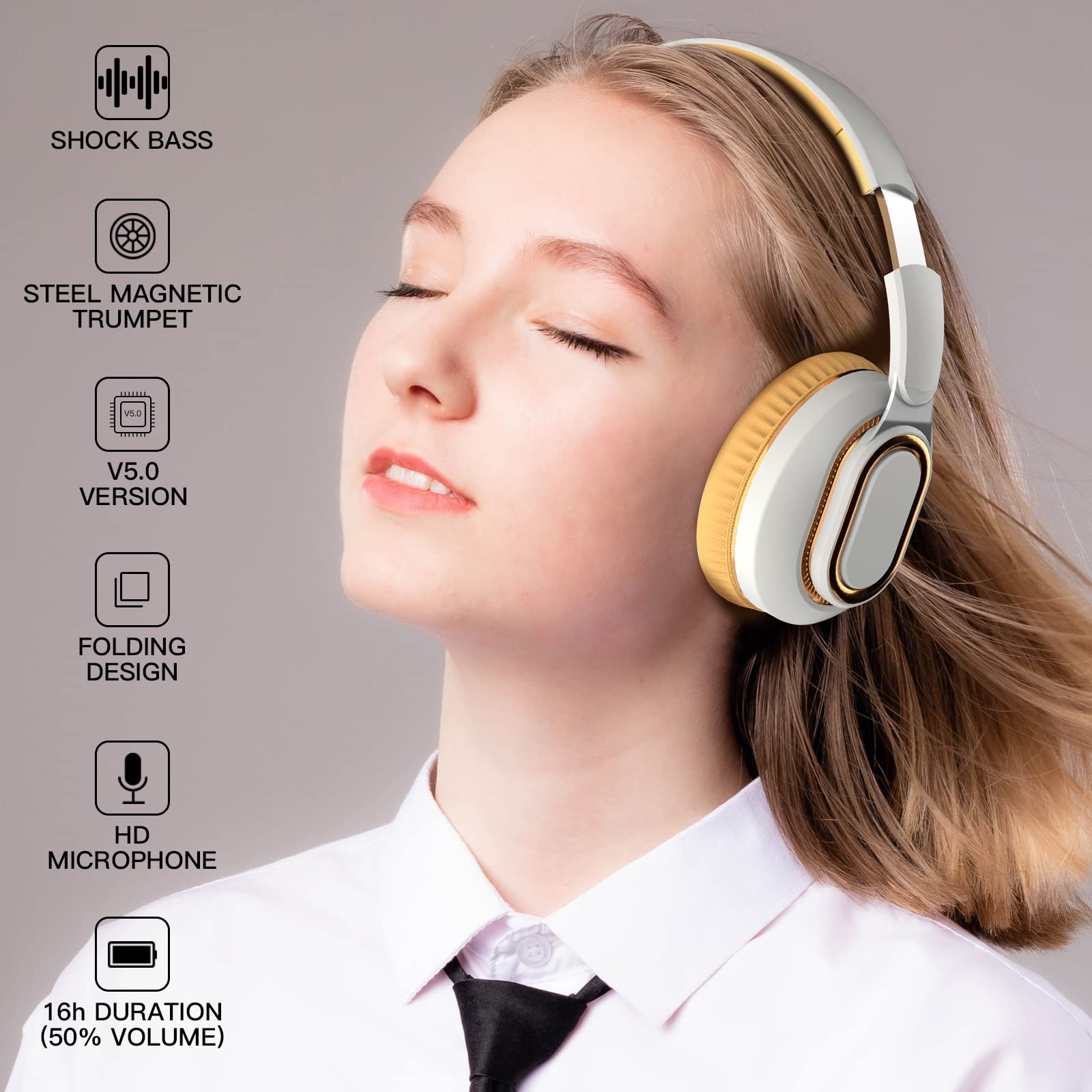 EIVOR Auriculares inalámbricos Bluetooth 5.0 Reducción de Ruido con micrófono, 16h Tiempo de Juego HiFi Auriculares estéreo, Tres Modo Auriculares Plegables para Deportes de Viaje,Blanco