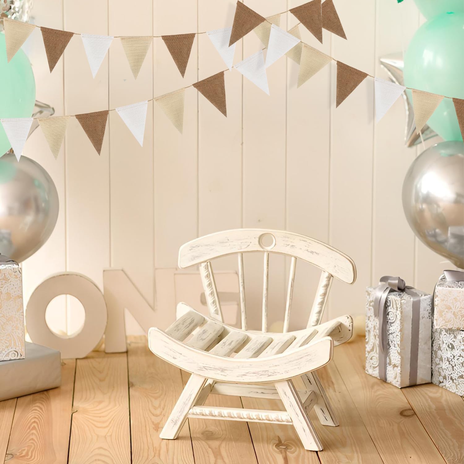 3x3m Wimpelkette + 1x3m Pompom Girlande • Beige Boho Deko • Für Garten, Hochzeit & Party