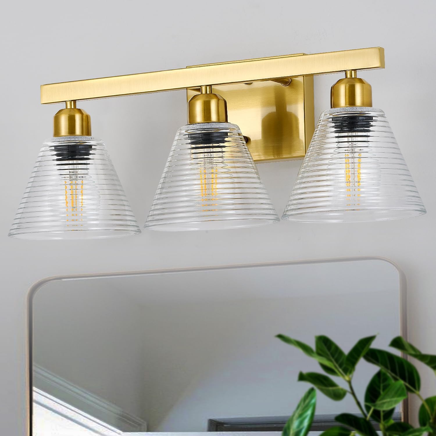 3-Light Modern Bathroom Light Fixtures, Gold Bathroom Vanity Lights with Clear Glass Shade, Farmhouse Wall Sconces for Mirror Kitchen Bedroom Living Room