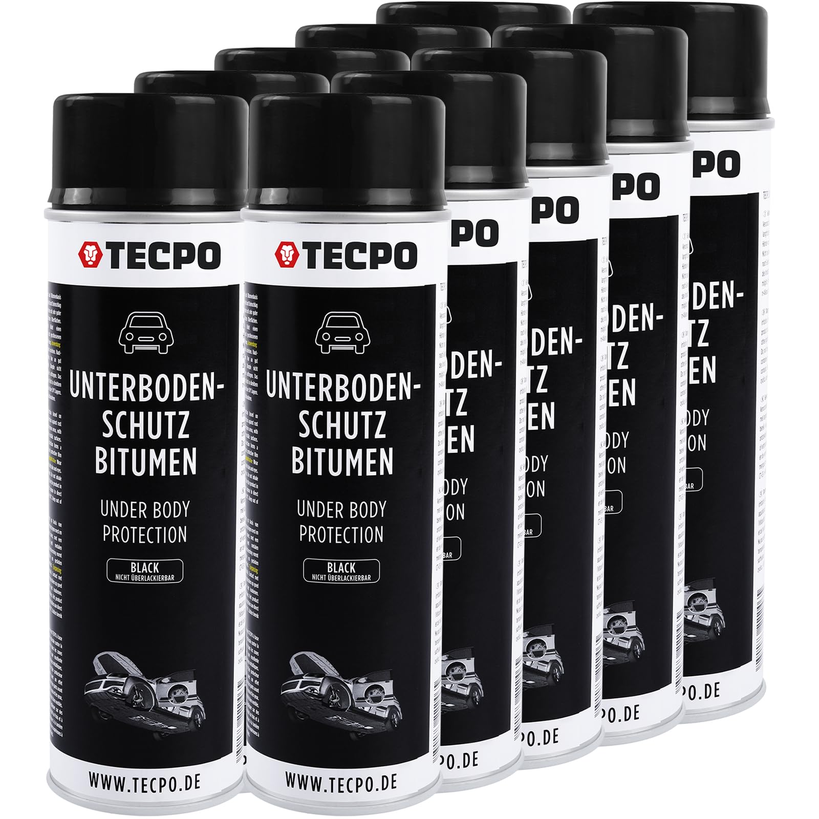 TECPO Unterbodenschutz Bitumen 10x 500ml schwarz Steinschlagschutz UBS Versieglung Spray Schutz vor Steinschlag, Rost, Chemikalien mit Anti-Dröhn-Wirkung