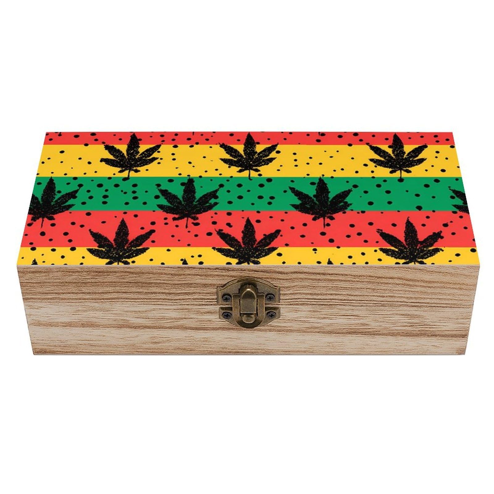 HLBSDM Jamaican Weed Leaves Wooden Box with Hinged Lid Decorative Storage Case Container