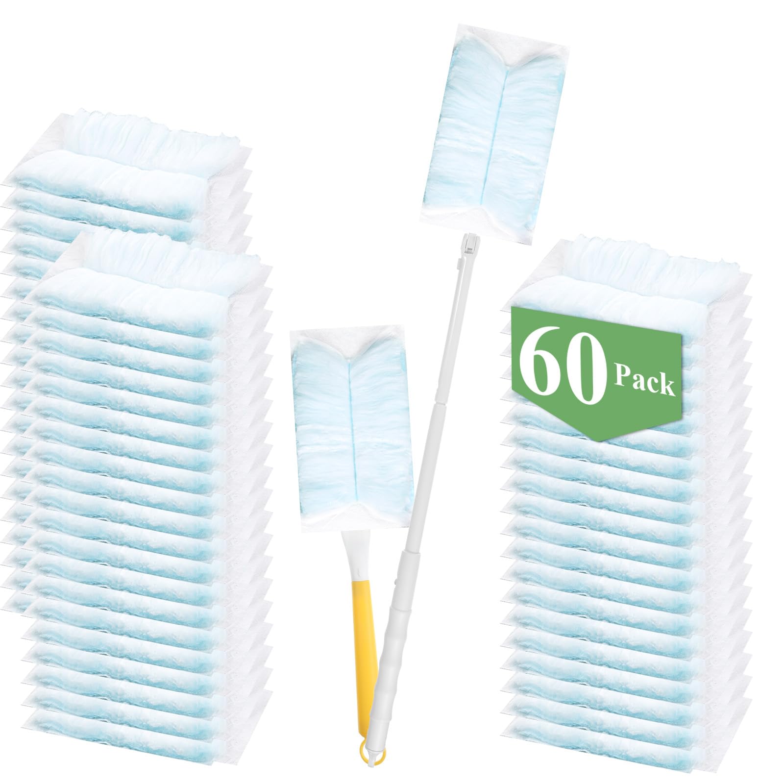 Oqqlin 60 Pcs Disposable Dusters Refills, 180° Electrostatic Duster Refills Multi-Surface Microfibre Duster Replacement with 2 Pcs Handles for Cleaning Ceiling, Fan, Ceiling (Blue, Unscented)