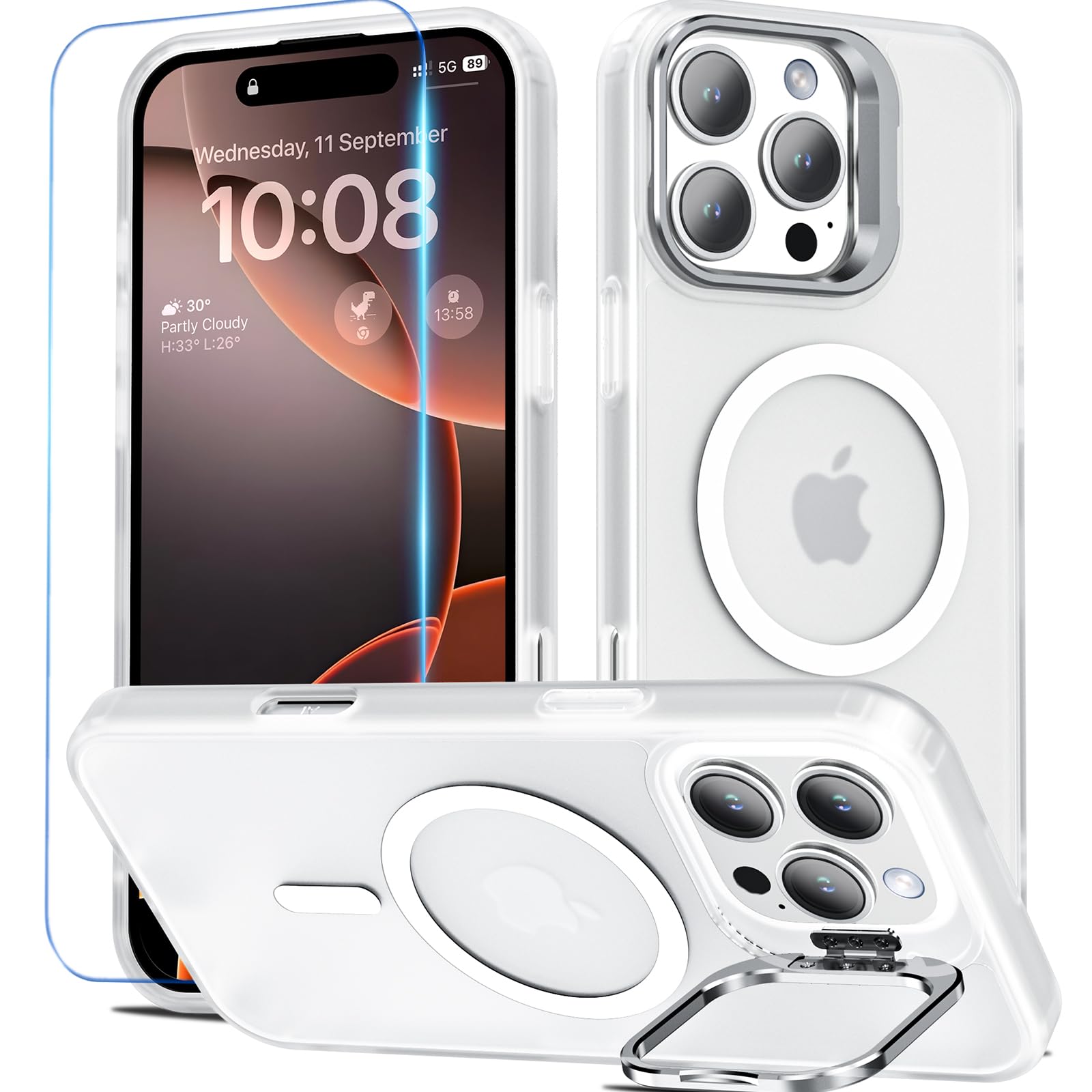 BESINPO iPhone 16 Pro Max ケース [ガラスフィルム付き・MagSafe対応・スタンド機能] アイフォン16プロマックス ケース 縦横両対応 調整可能 半透明 黄ばみなし 指紋防止 いphone16promax ケース 耐衝撃 耐久性 マグネット搭載 マグセーフ対応 隠しスタンド ストラップホール iPhone 16 Pro Max ケース 6.9インチ対応 半クリア