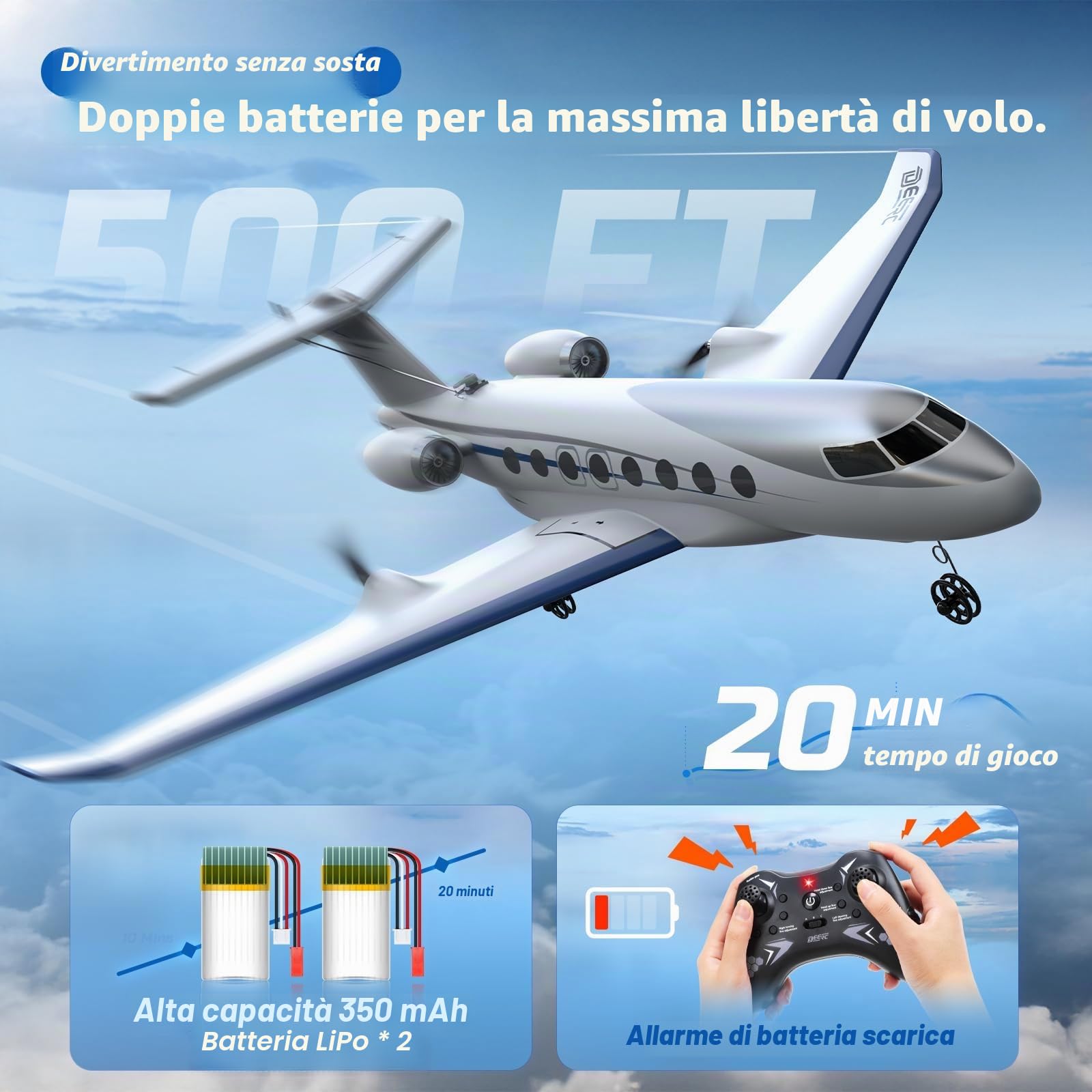 DEERC Aereo Telecomandato Jet Privato, Aereo Giocattolo Telecomandato a 3 Canali, Stabilizzatore Giroscopico a 6 Assi da 2,4 GHz, RTF, Facile da Pilotare per Principianti, Bambini e Adulti