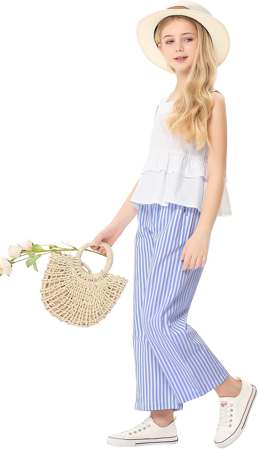 Girl's 2 Piece Striped Outfits Cami Top Wide Leg Pants Ruffle Hem Summer Clothes with 2 Pockets 3-14Y - Image 4