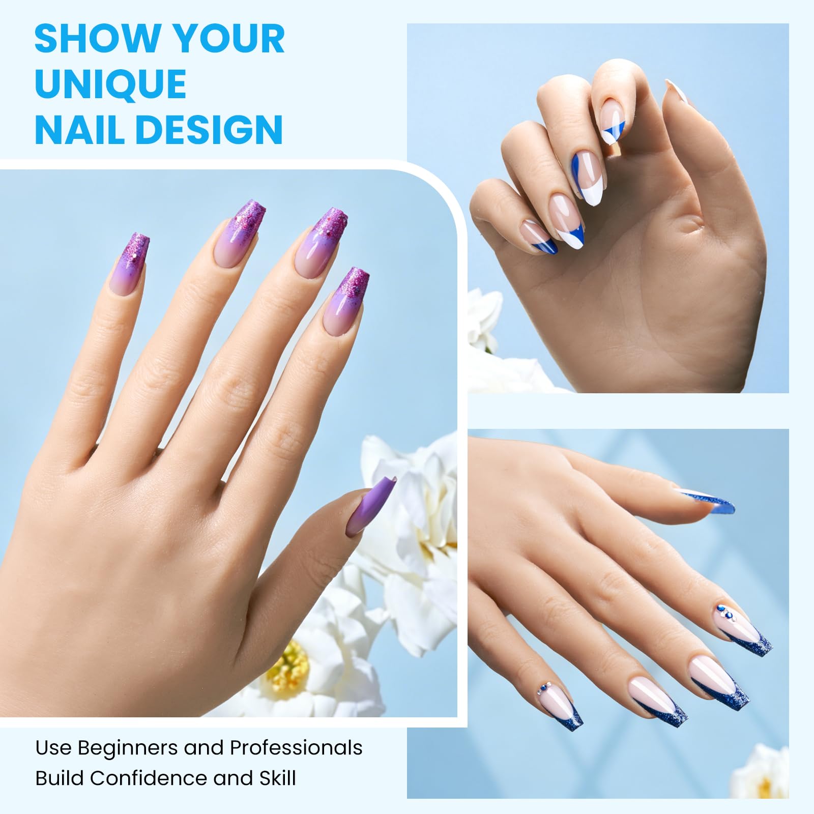 Yokilly Mano para Practicar Uñas: Silicona Mano de Practicas de Uñas - Flexible Mano Articulada Practicas Con 240 Puntas De Uñas/15 PCS Set de Nail Art Cepillo/Archivo De Uñas – Manicura De Uñas