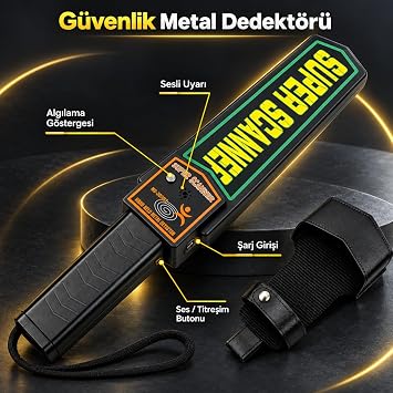 Artnest Süper Scanner Yüksek Metal Obje Hassasiyetli Deri Kılıflı El Arama Dedektörü