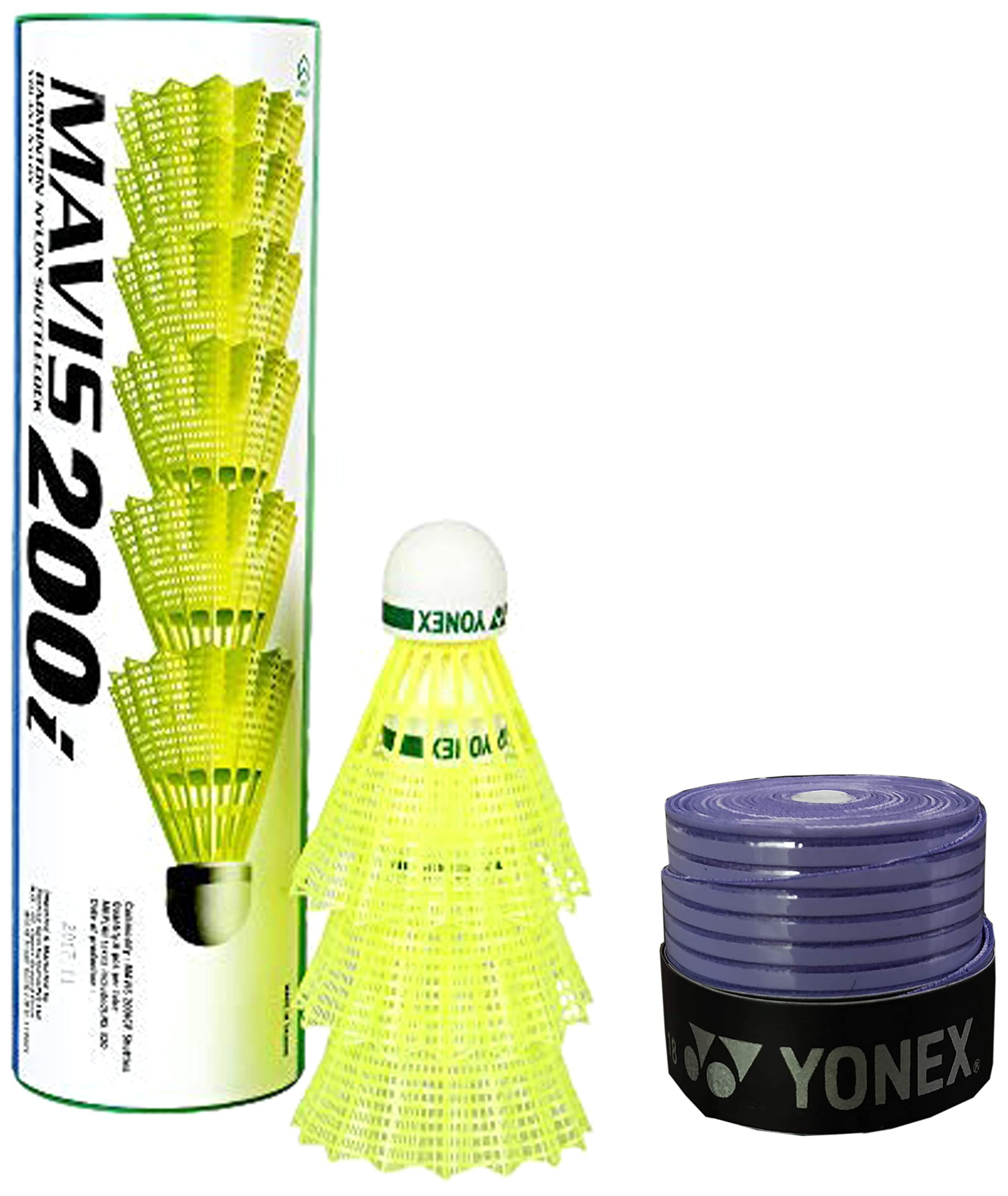 Yonex Mavis 200i Nylon Shuttle Cock, Pack of 6 (Yellow) & ET 903 E Super Rubber Badminton Grip (Purple)