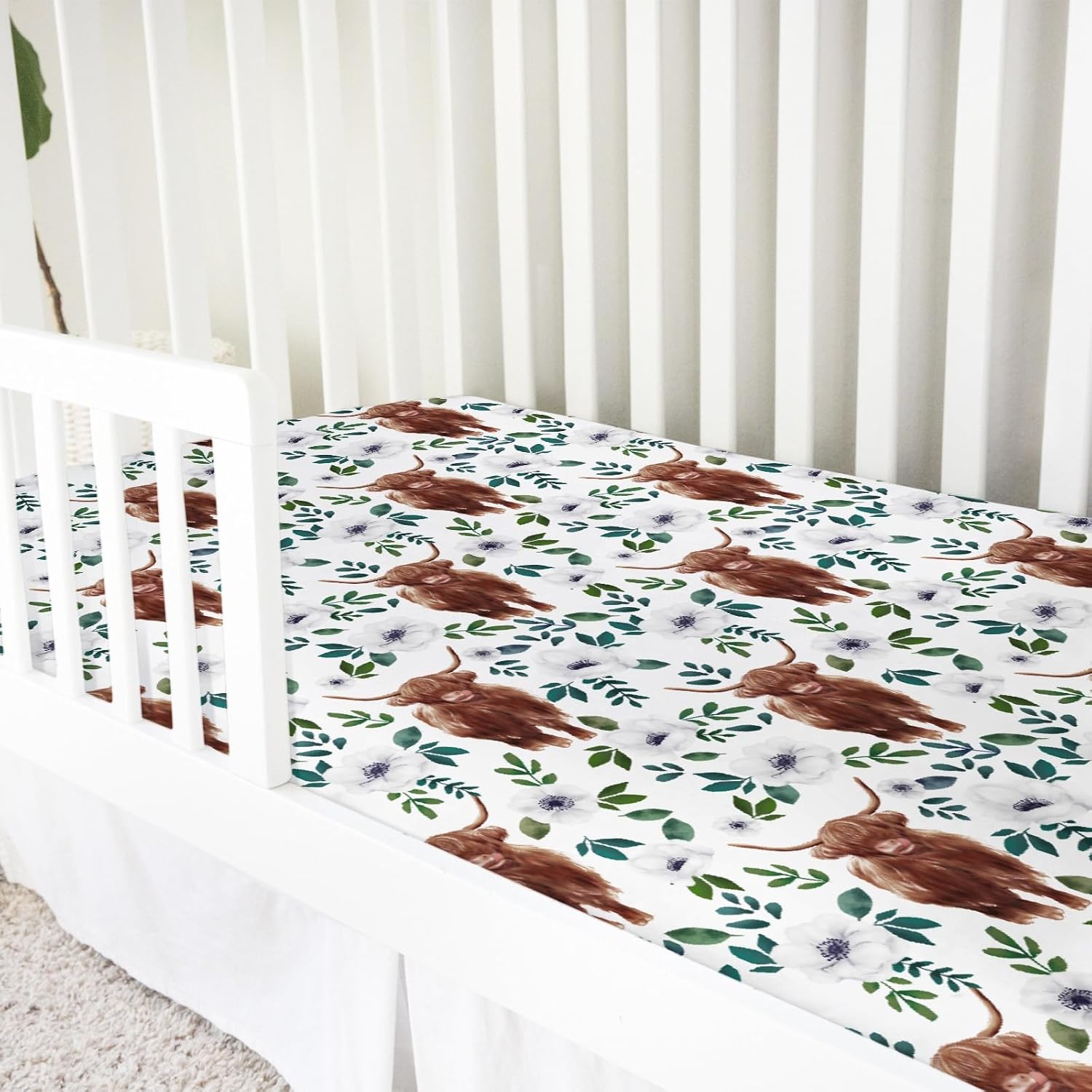 Highland Cow Boho Floral Baby Crib Sheets 52''x28'' Yak White Poppy Flowers Fitted Mattress Cover for Boy Girl Baby Toddler Bed Sheets for Standard Crib and Toddler Mattress