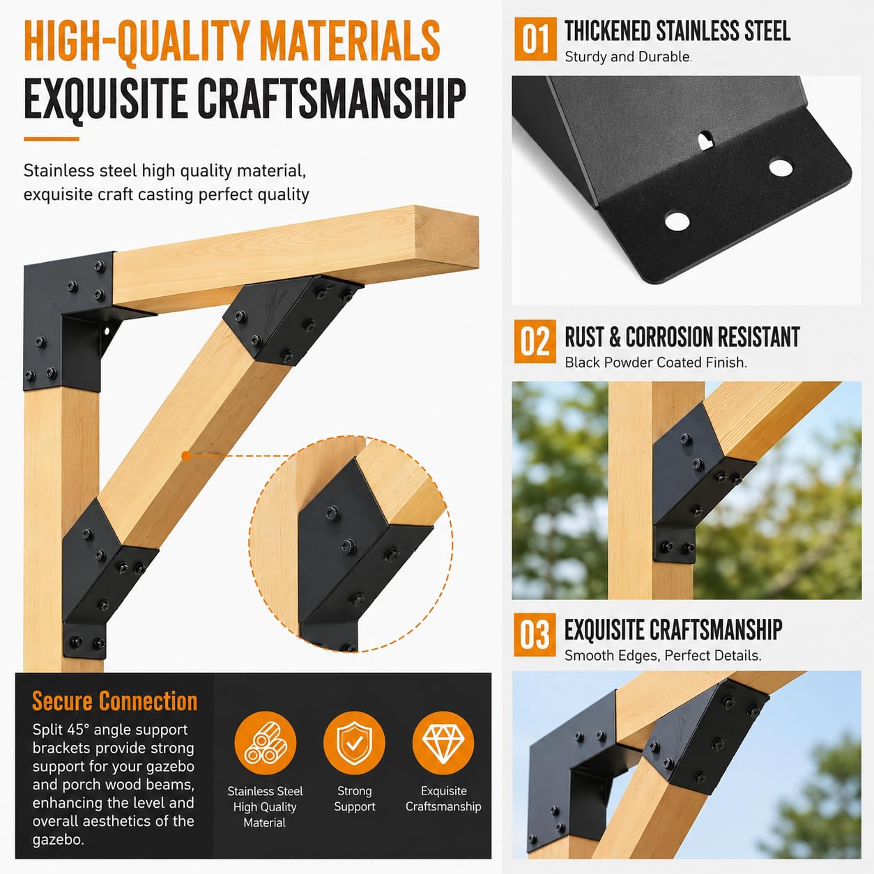 45-Grad-Pergola-Halterungen für 4 x 4 Holz, Q235-Stahl, 8 Stück | Schwarze Pulverbeschichtung, Abflusslöcher und 304 Edelstahlschrauben für Pavillons, Decks und Kabinen