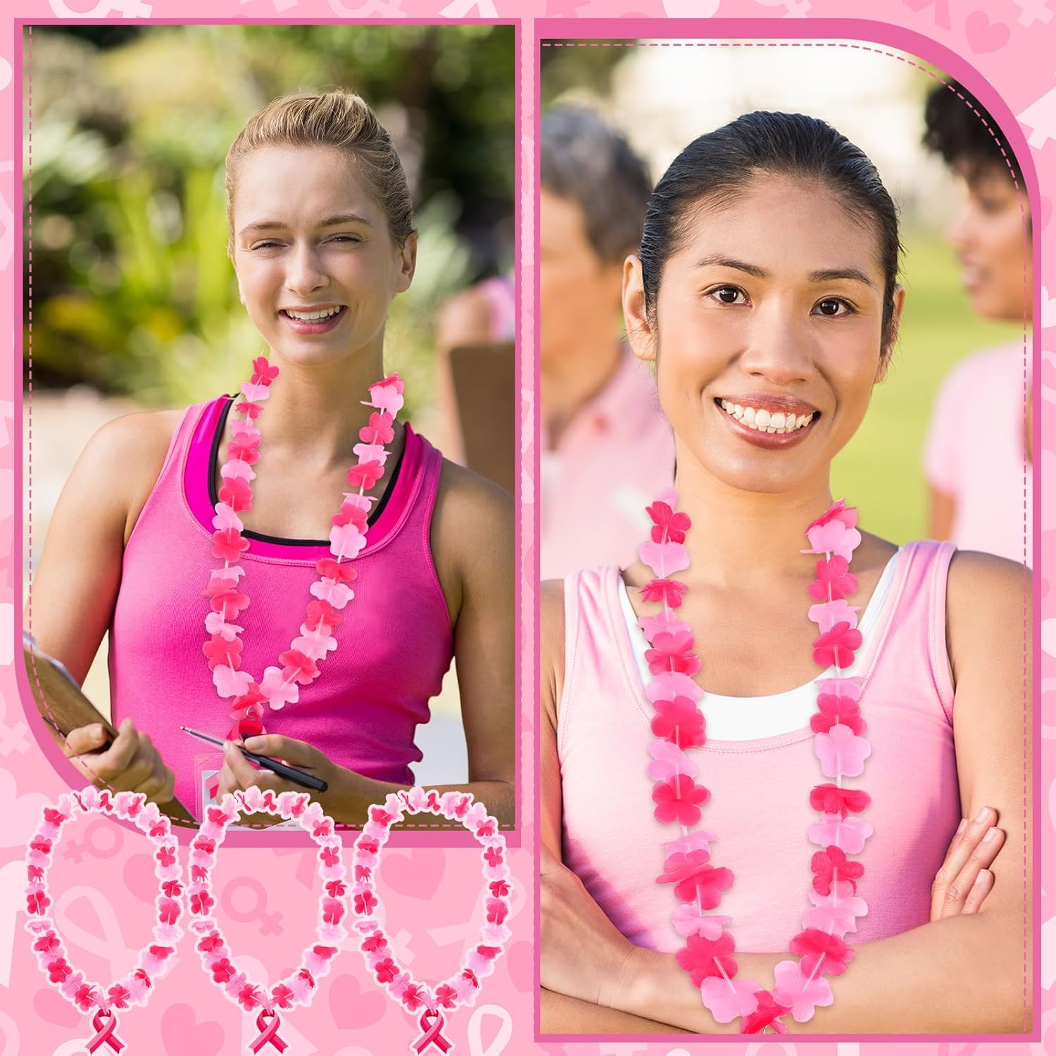 Giegxin 24 Set 45 Inch Pink Ribbon Breast Cancer Awareness Polyester Leis with Wooden Ribbon Pendant Accessories for Fundraising Free Public Charity Activity Cancer Awareness Event Parade Decor Supply