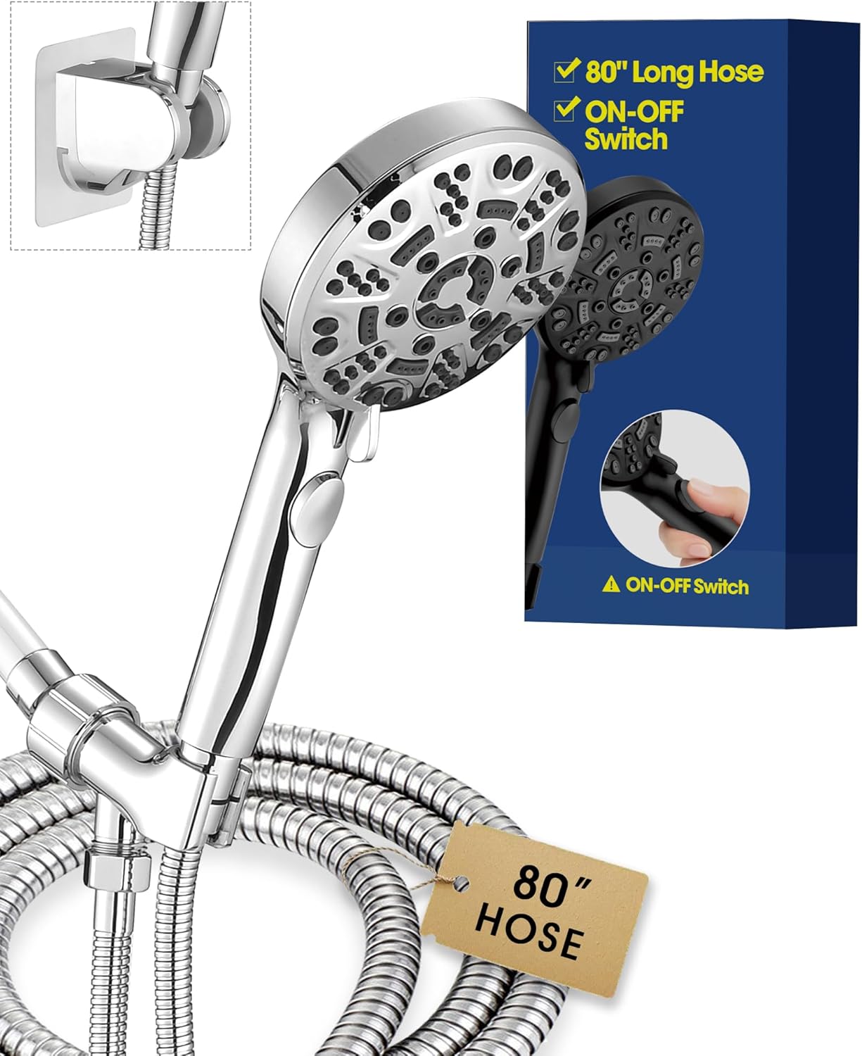 Handheld Shower Head with 6.56ft Extra Long Hose, On Off Switch 8-Seting High Preesure Hand Held Showerhead, Low-Reach Adhesive Holder for Kid, Disable& Elder (Brushed Nickel)