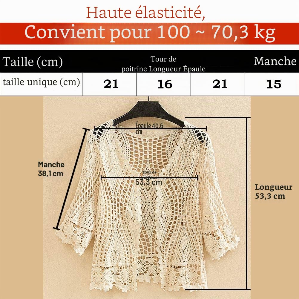 Cardigan en dentelle florale au crochet pour femme - Kimono long avec manches mi-longues