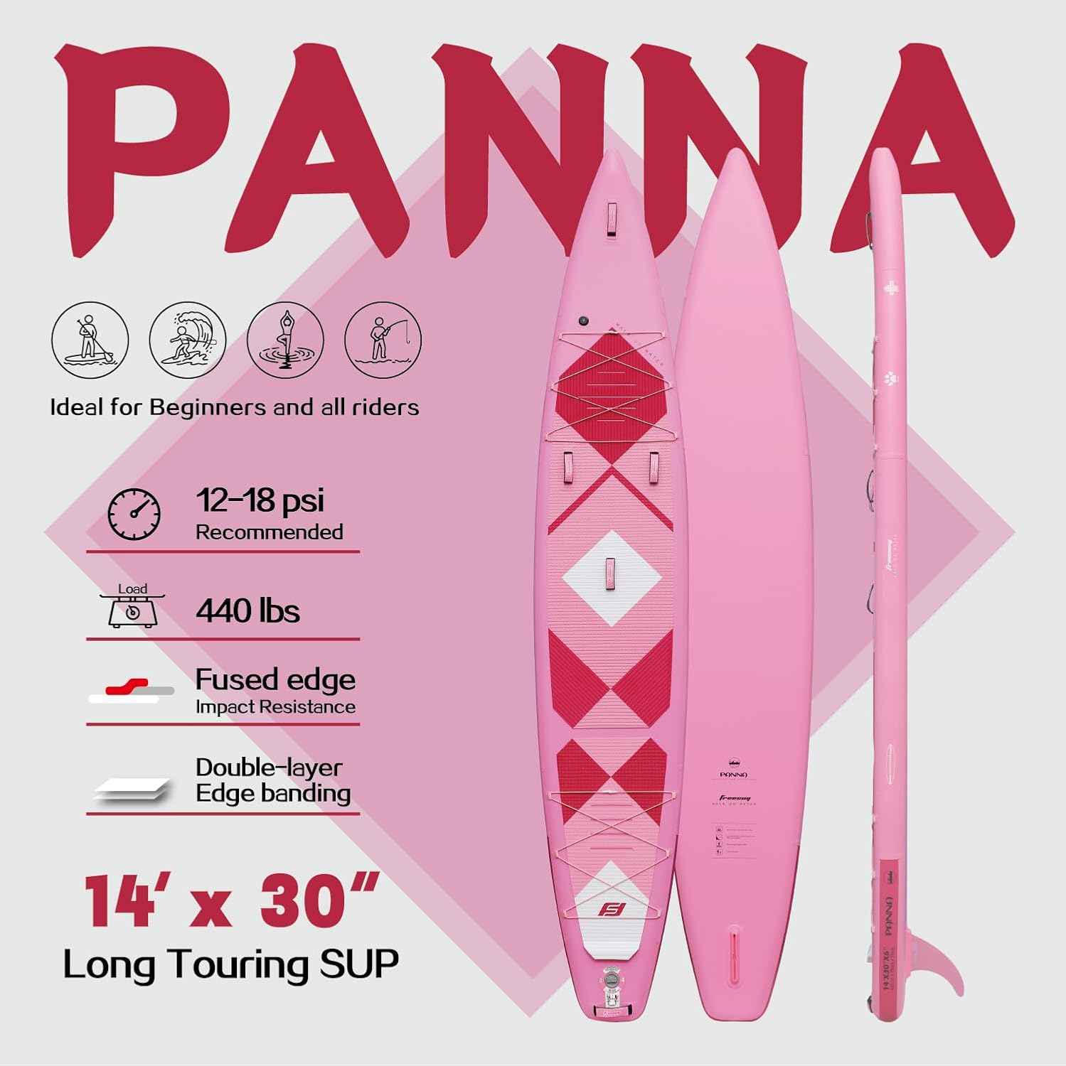 FREESUN Panna 14’ x 30” Inflatable Stand Up Paddle Board, Elite Touring & Expedition iSUP with Tool-Free Quick-Install Fin, Glue-Free Heat-Fusion Tech, Fast Glide 14ft Speed Board