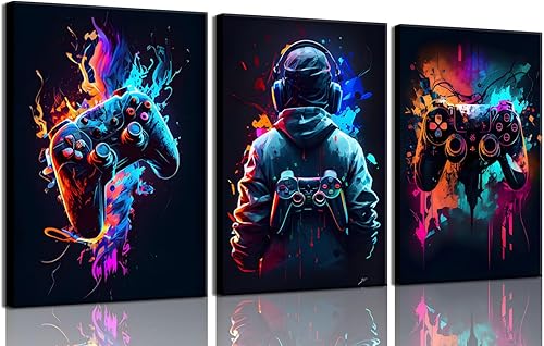 3 piezas de arte de pared para videojuegos, retro, acuarela, cuadros coloridos de neón, lienzo, impresiones de lienzo para habitación de niños, sala
