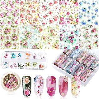 Flower Nail Foil Art Stickers, MaehSab Rose Nail Transfer Art Tips Manicure 10 Rolls + Nail Dried Flowers and leaves + 3D Flower Nail Decals Manicure Stickers, Nail Art Decorations for Women