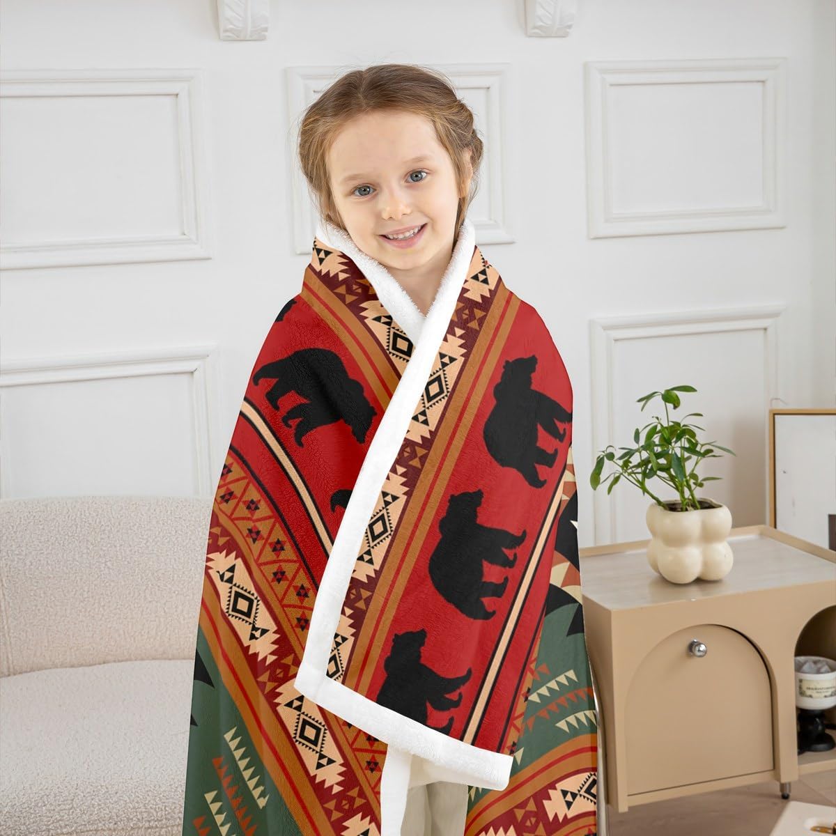 jejeloiu Boys Girls Western Bear Fleece Sherpa Throw Blanket Rustic Cabin Plush Fuzzy Blanket for Bed Sofa Couch Kids Boho Tribal Ethnic Bohemian Teens Bedroom Decor Baby 30"x40"