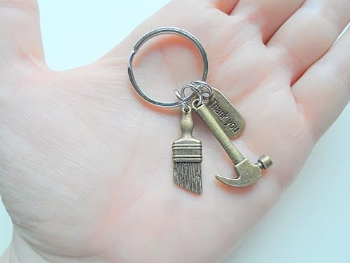 Miniatura 2 de Bronze Hammer & Paint Brush Charm Keychain with Thank You Tag, Builders, Construction Team, Contractor, Handyman Appreciation Keychain