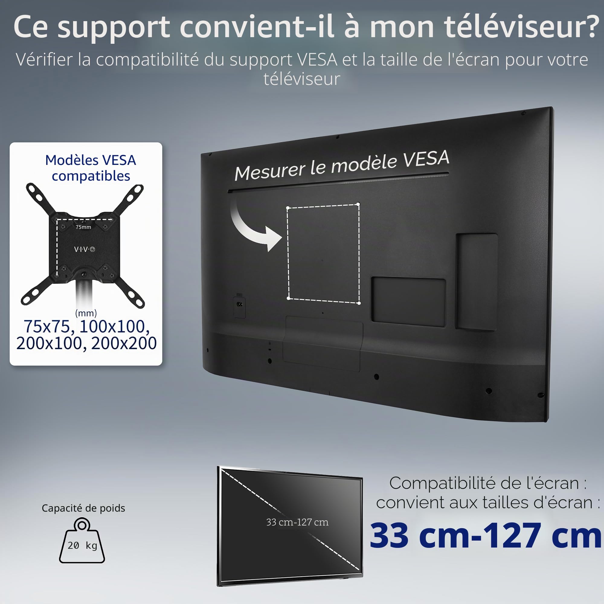 VIVO STAND-TV17 Support TV extra haut pour écrans de 13 à 50" jusqu'à 20 kg, LCD LED OLED 4K plats et incurvés, VESA max. 200x200 mm, poteau haut pour tapis de course et vélos elliptiques, noir