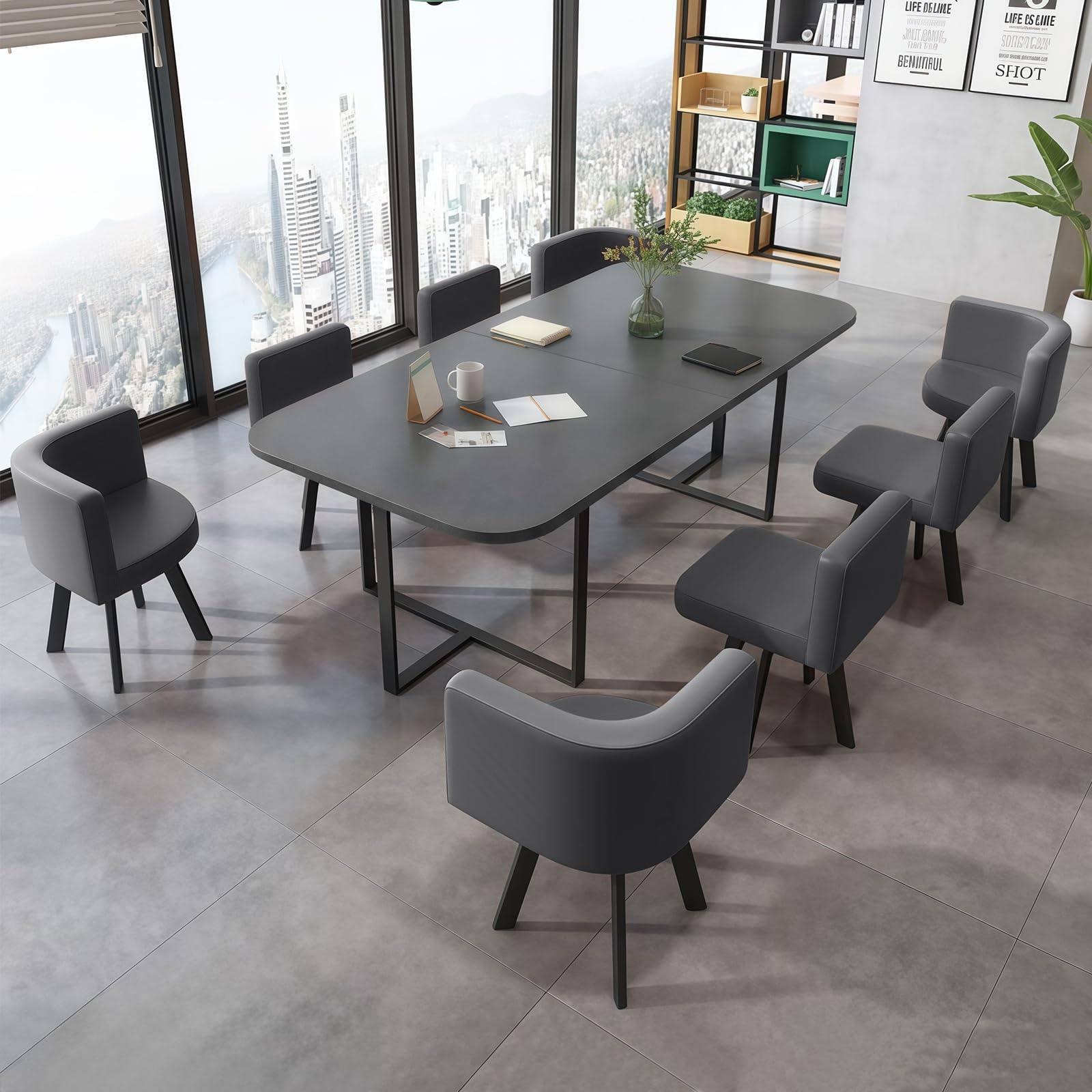 Konferenztisch 180x90cm, Moderner Besprechungstisch mit Metallrahmen und 8 Stühle, Rechteckiger Meetingtisch für 6–8 Personen für Büro, Konferenzraum, Seminarraum, Esszimmer (Grau)
