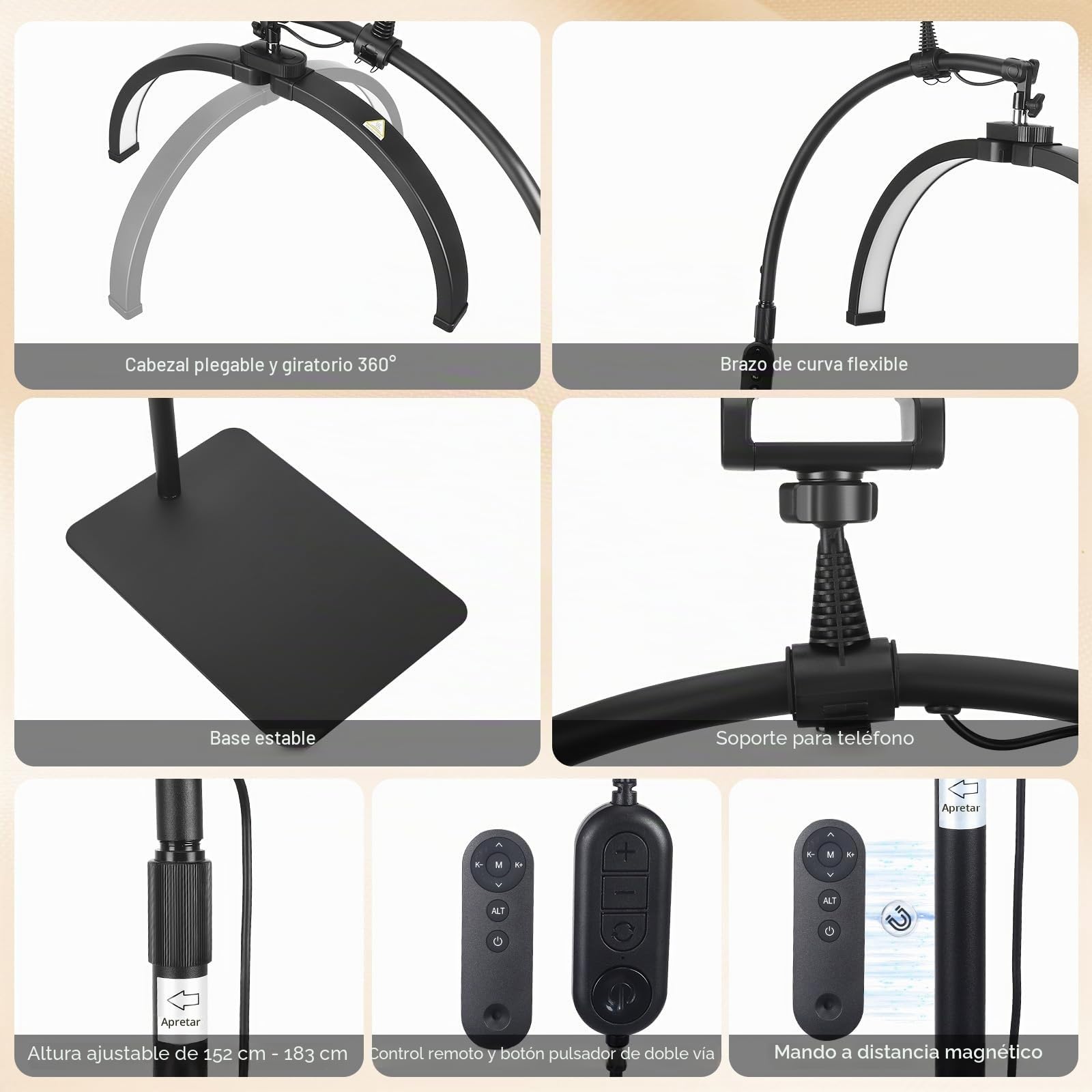 Lámpara LED cosmética de media luna Cabezal giratorio de 360° con 3 temperaturas de color Lámpara pestañas con altura ajustable y control remoto extensiones de pestañas, maquillaje, tatuajes, manicura