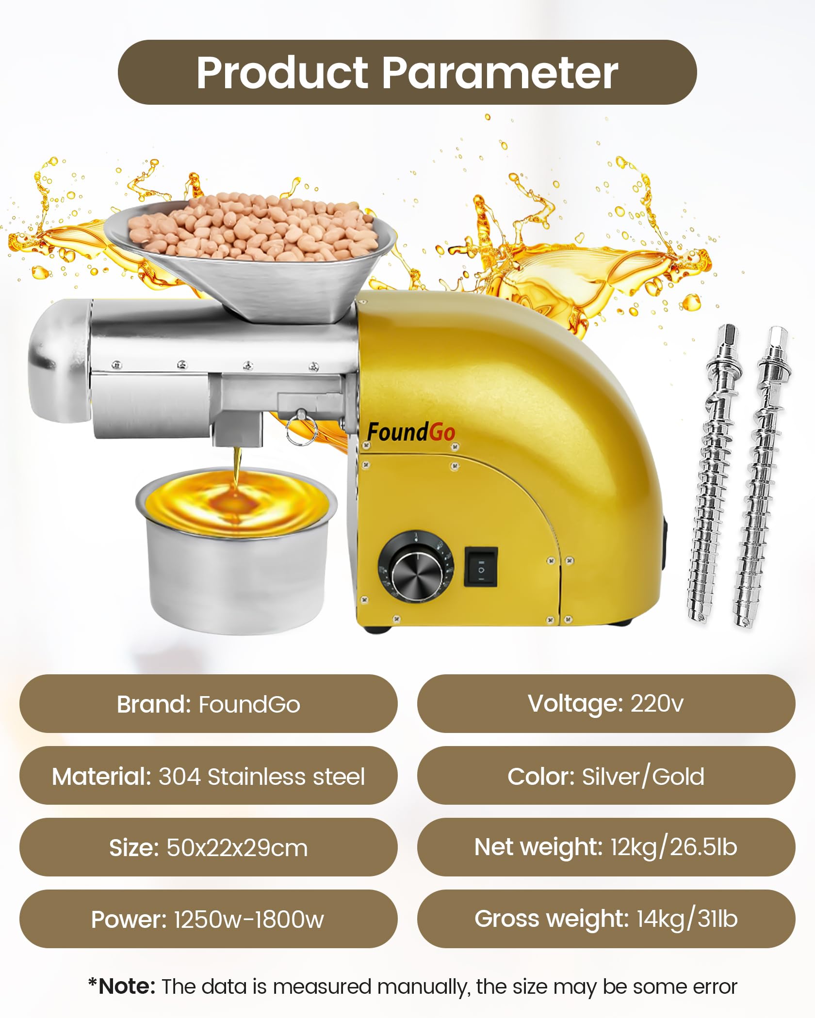FoundGo 1800W Ölpresse 0-300℃ Öl Pressmaschine Elektrische Ölmühle Walnüsse Erdnüsse Kaltpresse Automatische Heißprsse Edelstahl Extraktor für Kommerziell & Haushalt, 6-9kg/St. (Golden)