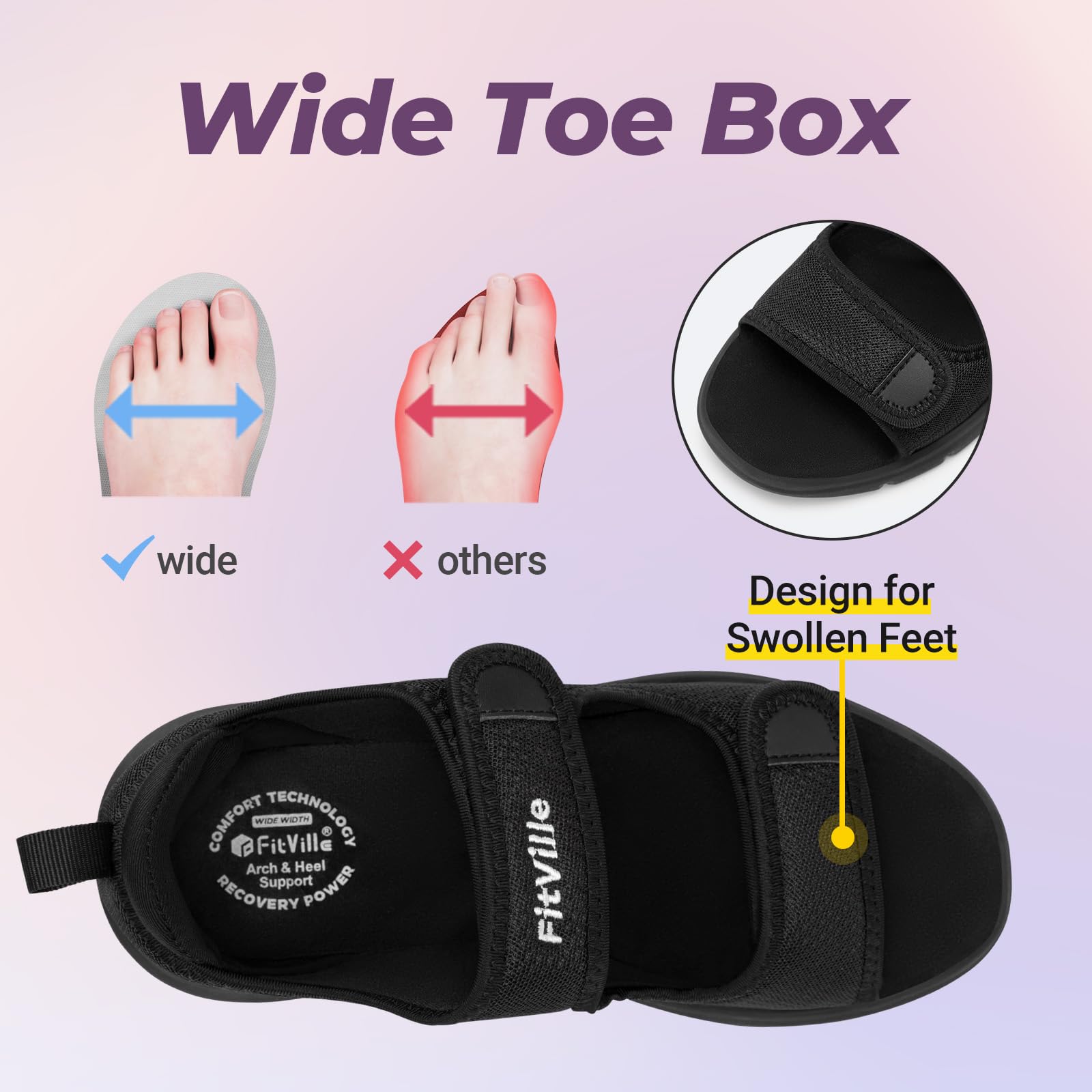 FitVille Extra Wide Sandały Diabetyczne Damskie Ortopedyczne Z Regulowanym Rzepem Zdrowotne Bandaż Buty Dla Opuchniętych Stóp Odwykowe Obrzęk Kapcie