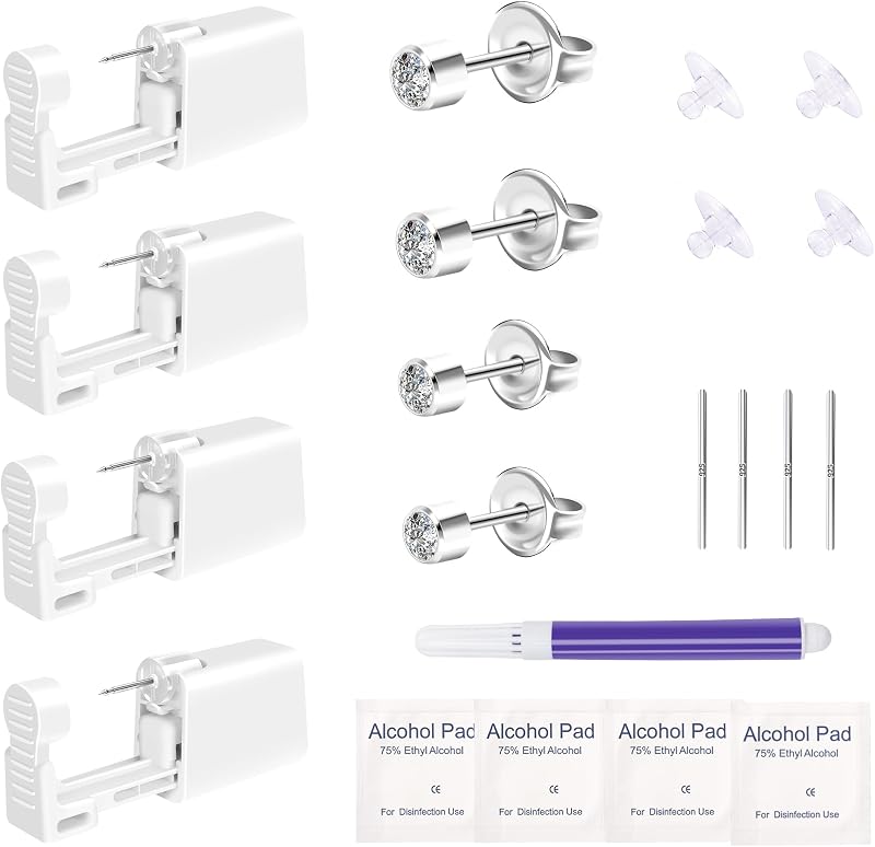 Makalong Kit descartável para piercing de orelha com 4 unidades, pinos CZ de 3 mm e 4 mm, aço inoxidável 316