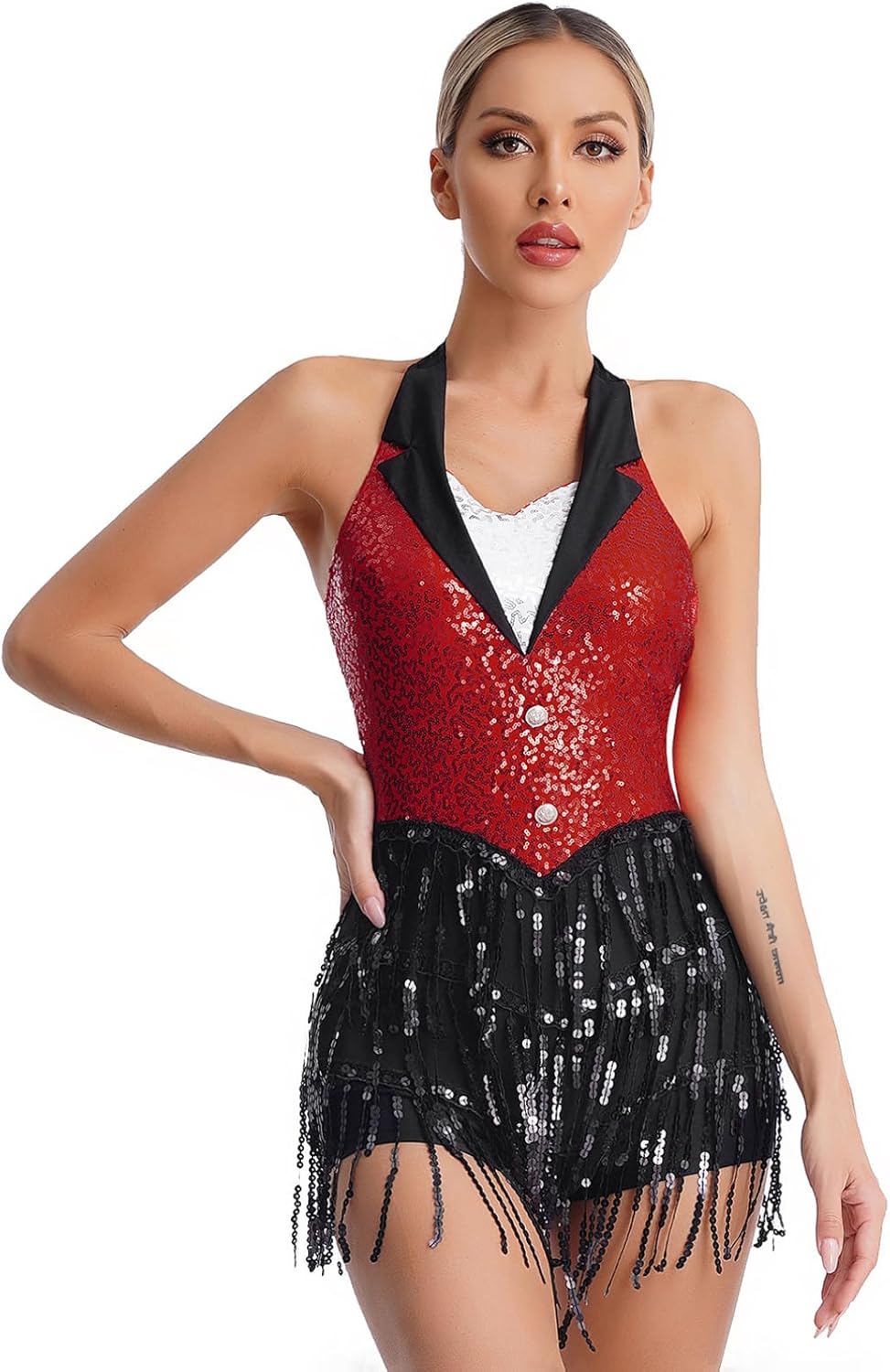 Women Sexy Tuxedo Bodysuit Outfits Fringe Latin Dance Leotard with Gloves Hat Ballroom Dance Tops
