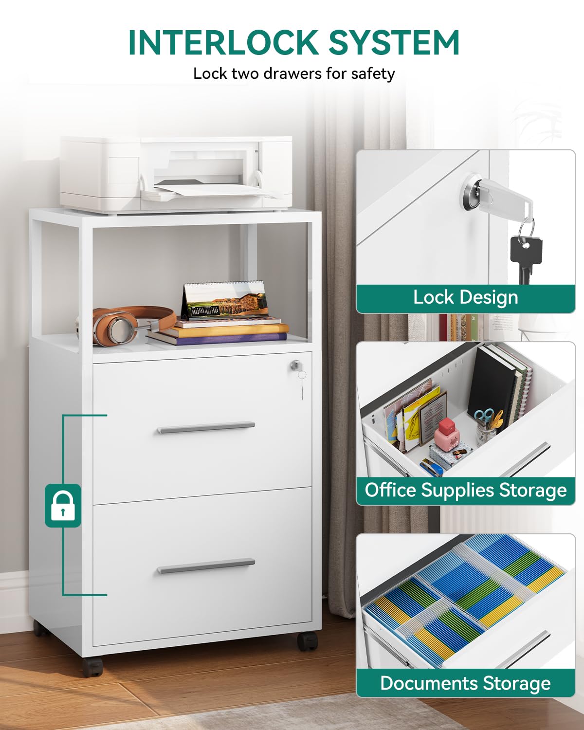 YITAHOME Druckertisch mit Rädern, 104CM Tall Aktenschrank mit Stahlböden, Mobiler Aktenschrank Druckerständer, Bürocontainer Rollschrank, Schubladenkommode für Zuhause Büro, 104x60x40 cm, Weiß