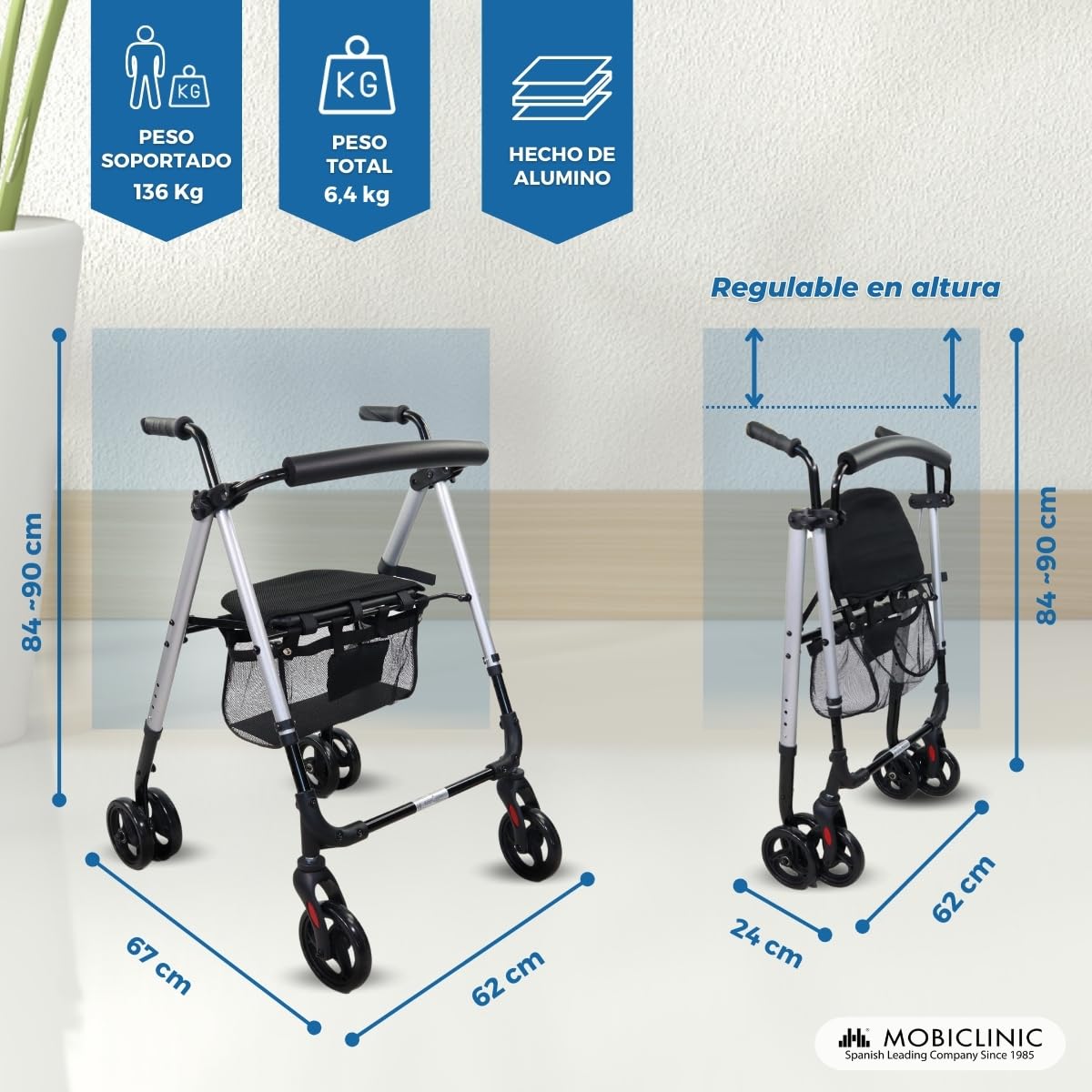Mobiclinic®, Andador para adultos, Plegable, Ligero, Asiento y cesta xxl, Sujeta bastones, Altura regulable, De aluminio, Marca española, Frenos por presión, Dehesa, Ruedas macizas, Gris perlado