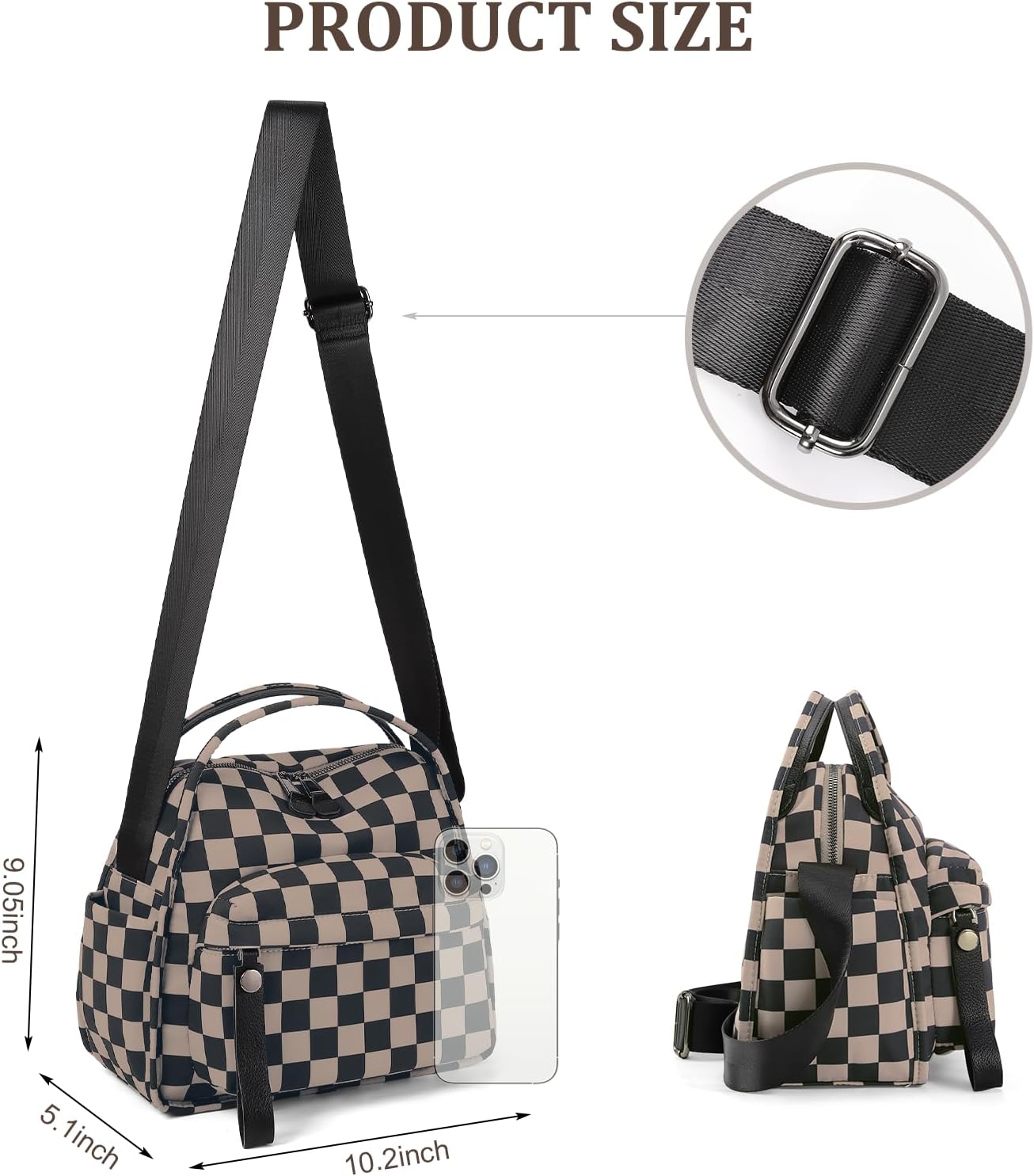 Checkered Nylon Crossbody Bags for Women Soft Handbag with Top Handle Casual Shoulder Bag Checkered Square Purse