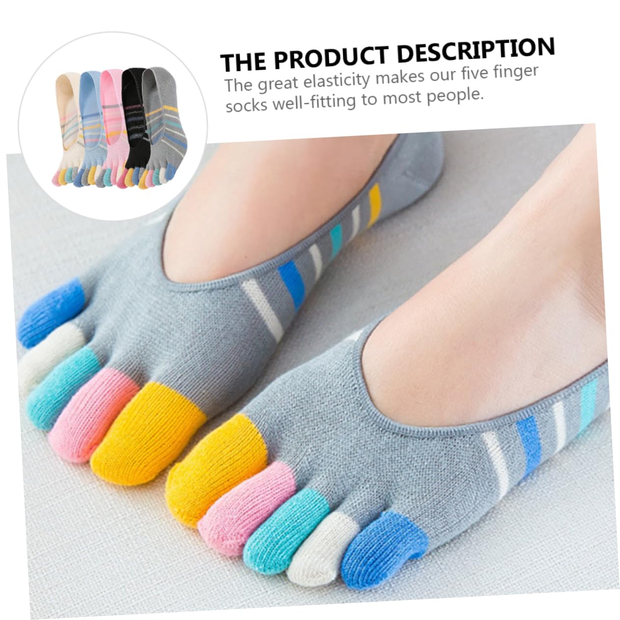 VALICLUD 5 pares Calcetines Invisibles de Mujer Cinco Dedos Algodón Transpirable Diseño Rayas Paquete para Yoga y Diario