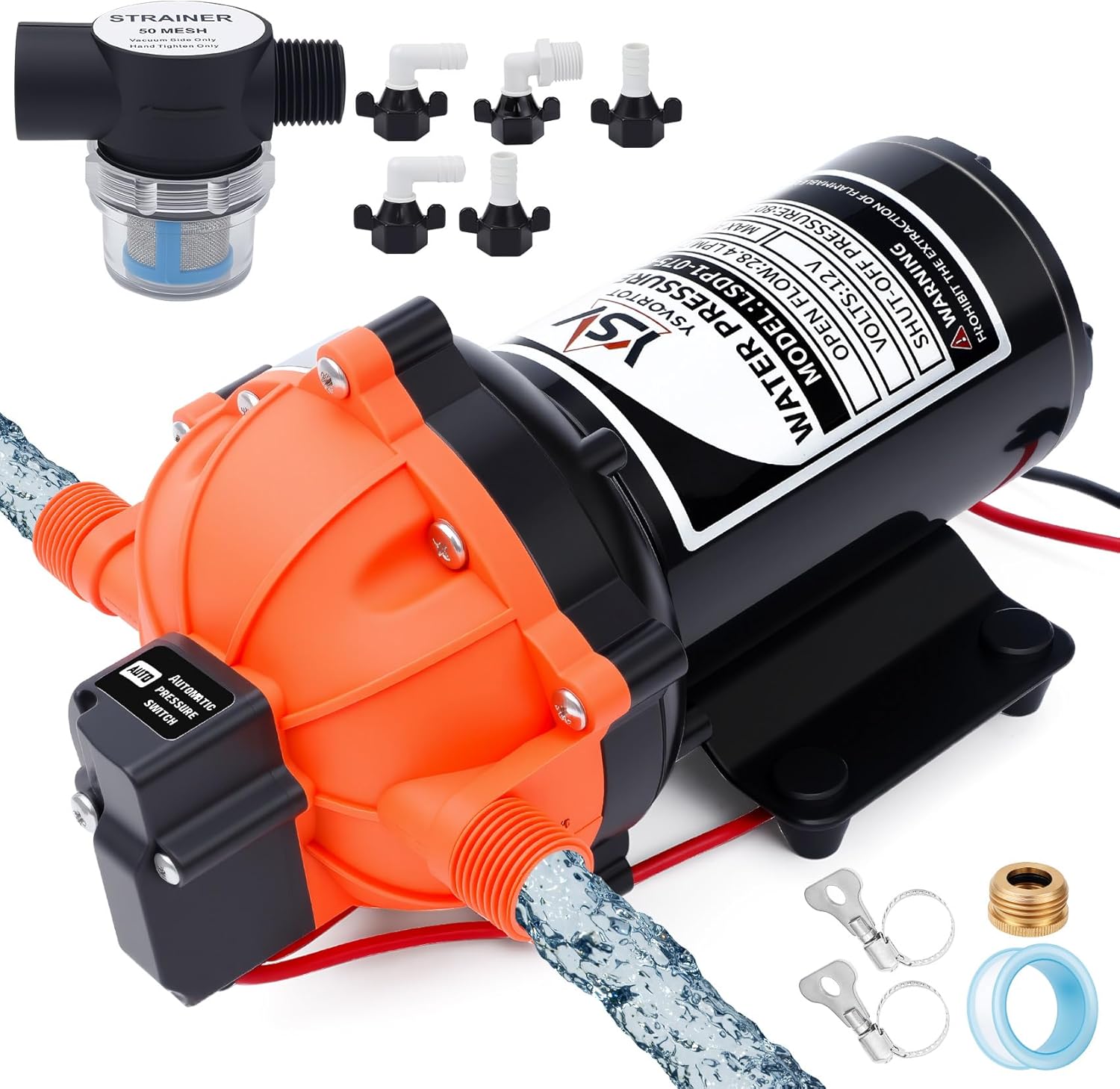 12V Marine Washdown Pump (75PSI 7.0 GPM) - Self-Priming Fresh Water Pump with Strainer & Pressure Switch, Suitable for Boats, Yachts, RVs, Campers, Travel Trailers & Sprayers