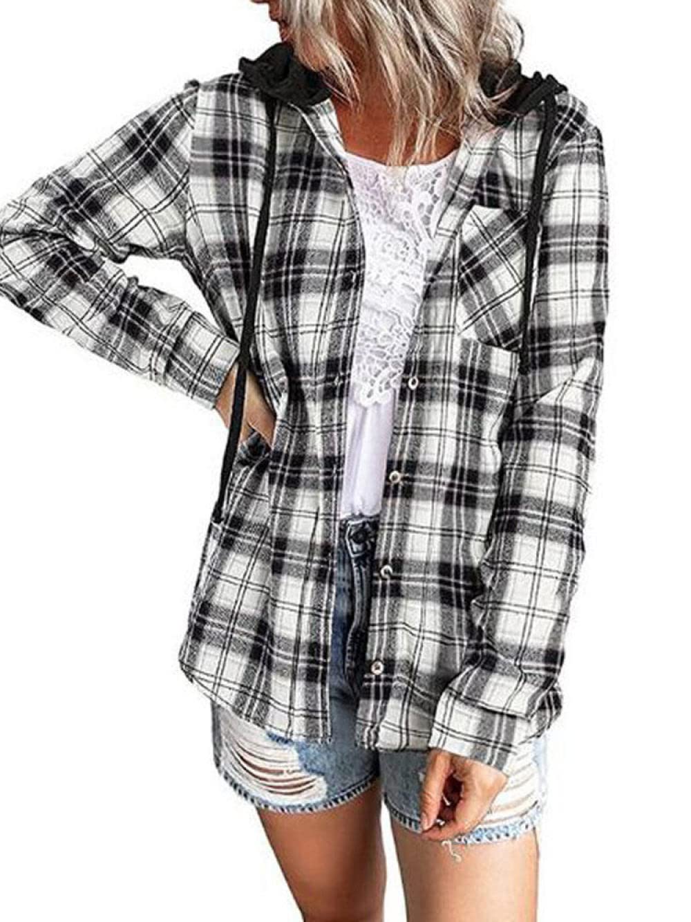 MIDJ Bluse Elegant Damen Hemd, Damen Kapuzenpullover Flanellhemd Schwarz-Weiß Kariertes Holzfällerhemd Freizeitjacke Zarte Knopf Warme Strickjacke Vintage Sexy Hemd Damen Leichte Jacke