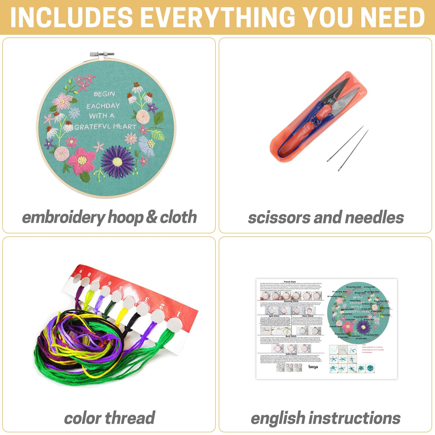 Stickerei Set Komplett - 5 Holz Rahmen + 50 Farben Garn + 30 Nadeln