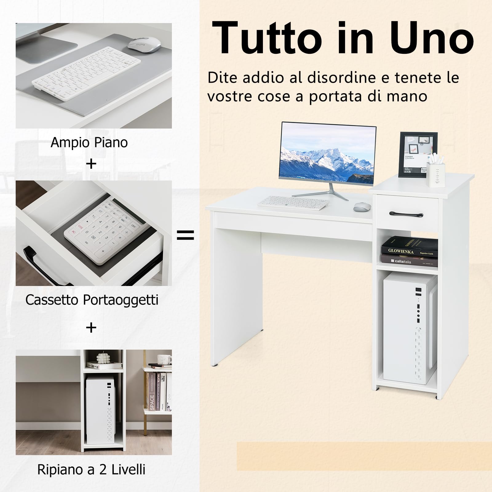 COSTWAY Scrivania con Cassetto, Scrivania da Computer, Tavolo da ufficio, 104 x 50 x 82cm (Bianco)