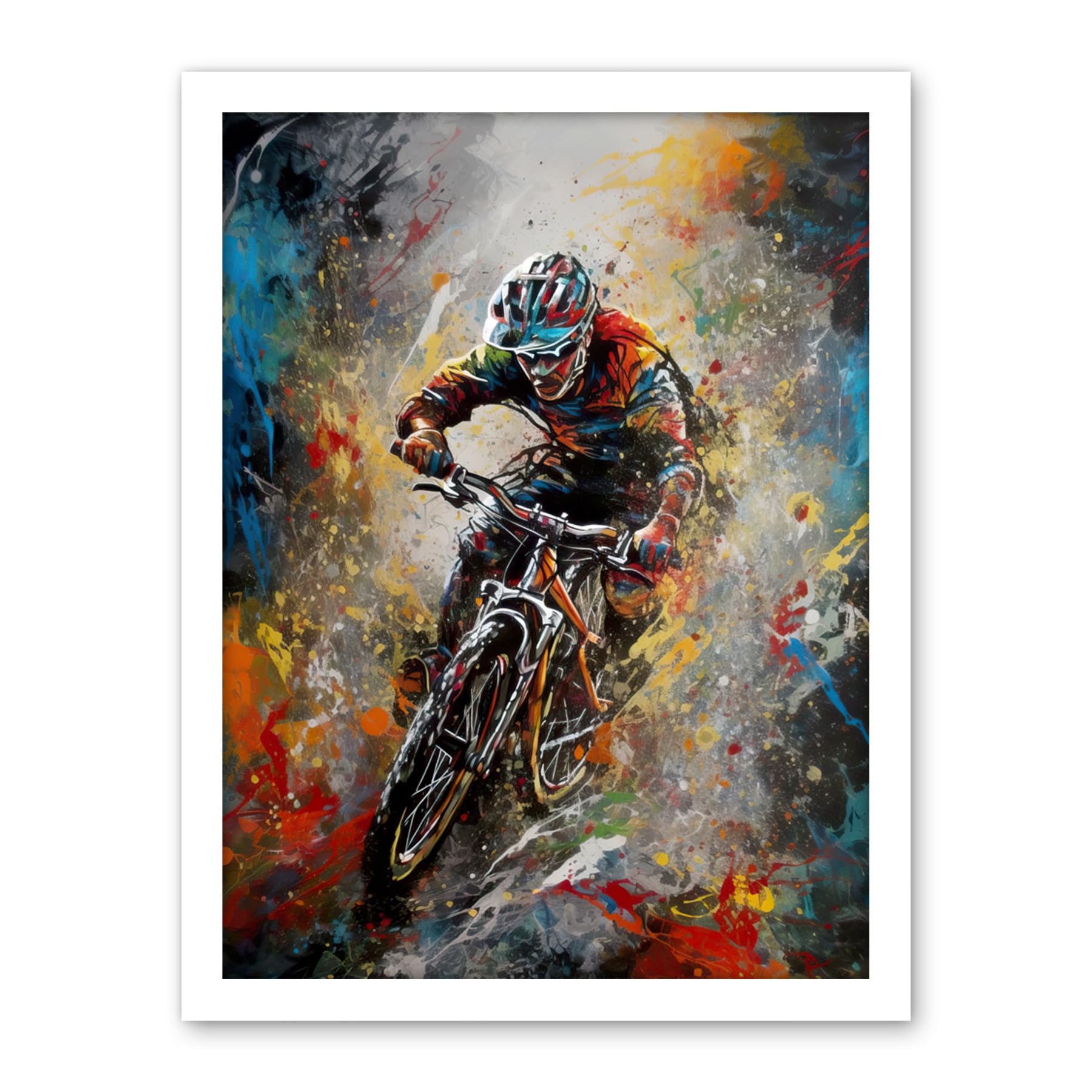 Artery8 Mountain Biker Paint Splat Action Shot Portrait Artwork Framed Wall Art Print 18X24 Inch
