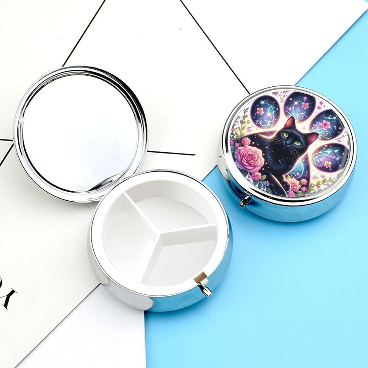 Black Cat Round Pill Box with 3 Compartments & Mirror image 3