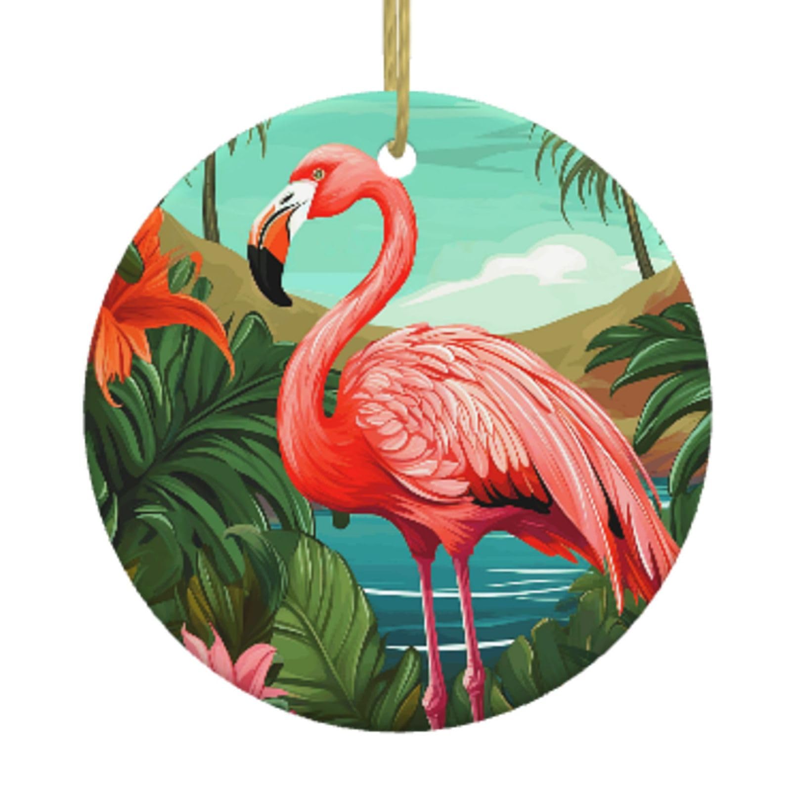 Ceramic Christmas Tree Hanging Ornaments with Gold Ropes Christmas Tree Decorations Round Ceramic Tropical Flamingo Pendant Keepsake Decorations for Holiday Xmas Gift Ideas