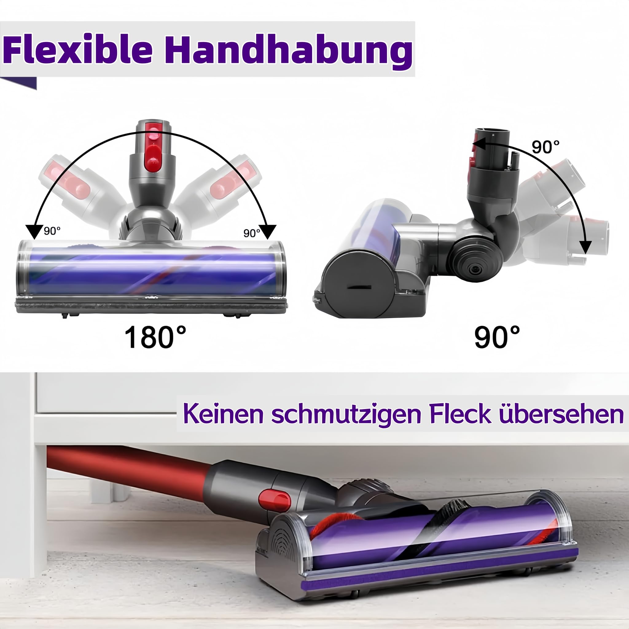 Turbobürste mit Direktantrieb für Dyson V7 V8 V10 V11 V15 Staubsauger, Elektrische Bodendüse Zubehör Ersatzteil, Motorhead Bürstenkopf für Teppich, Hartboden, Parkett & Tierhaare, 180° Drehbar
