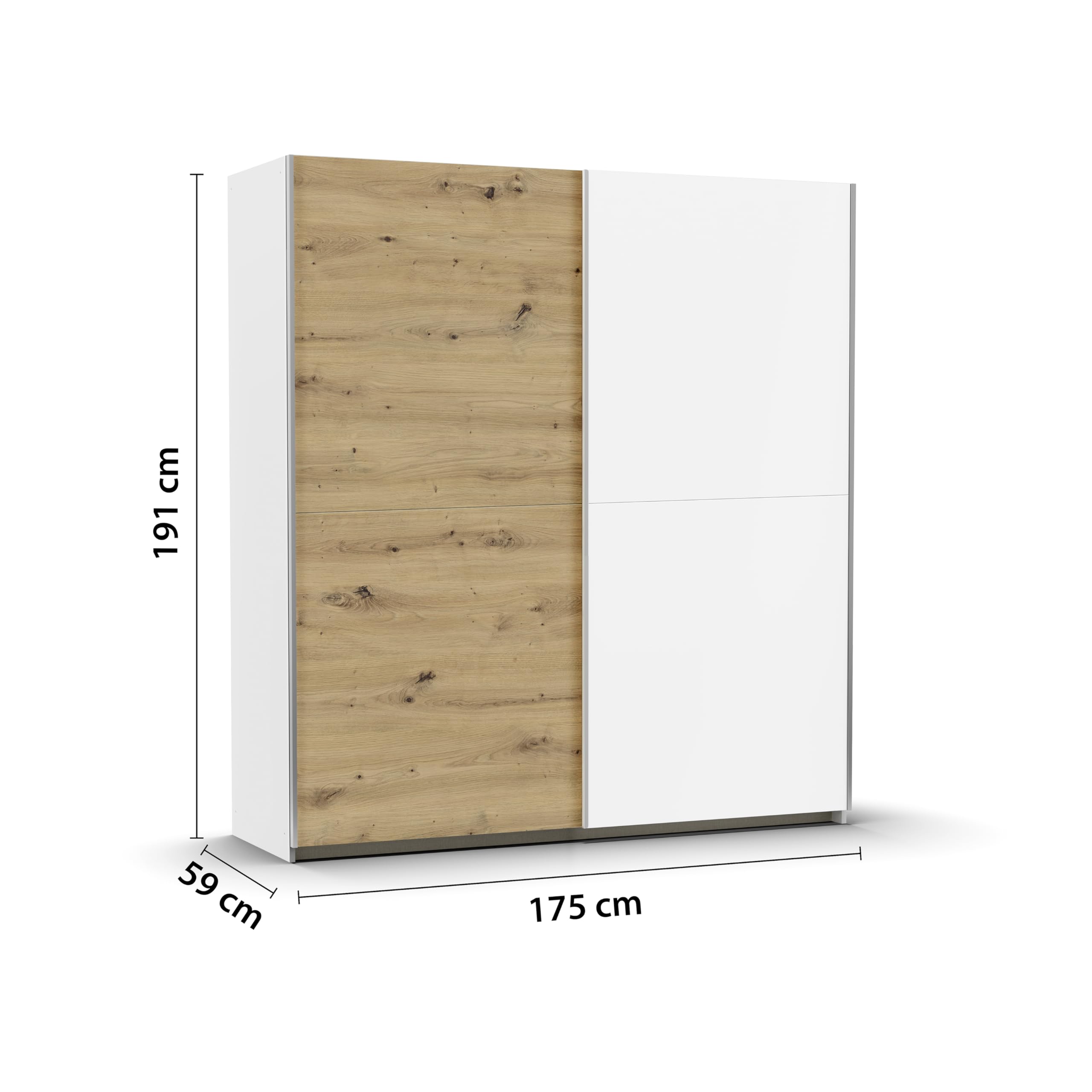 Rauch Möbel Saturn, Schwebetürenschrank, Weiß/Eiche Artisan, Breite 175 cm | Kleiderschrank mit Schiebetüren, 2-türig, mit 2 zusätzlichen Einlegeböden, für Schlafzimmer, Kinderzimmer, Jugendzimmer, Flur