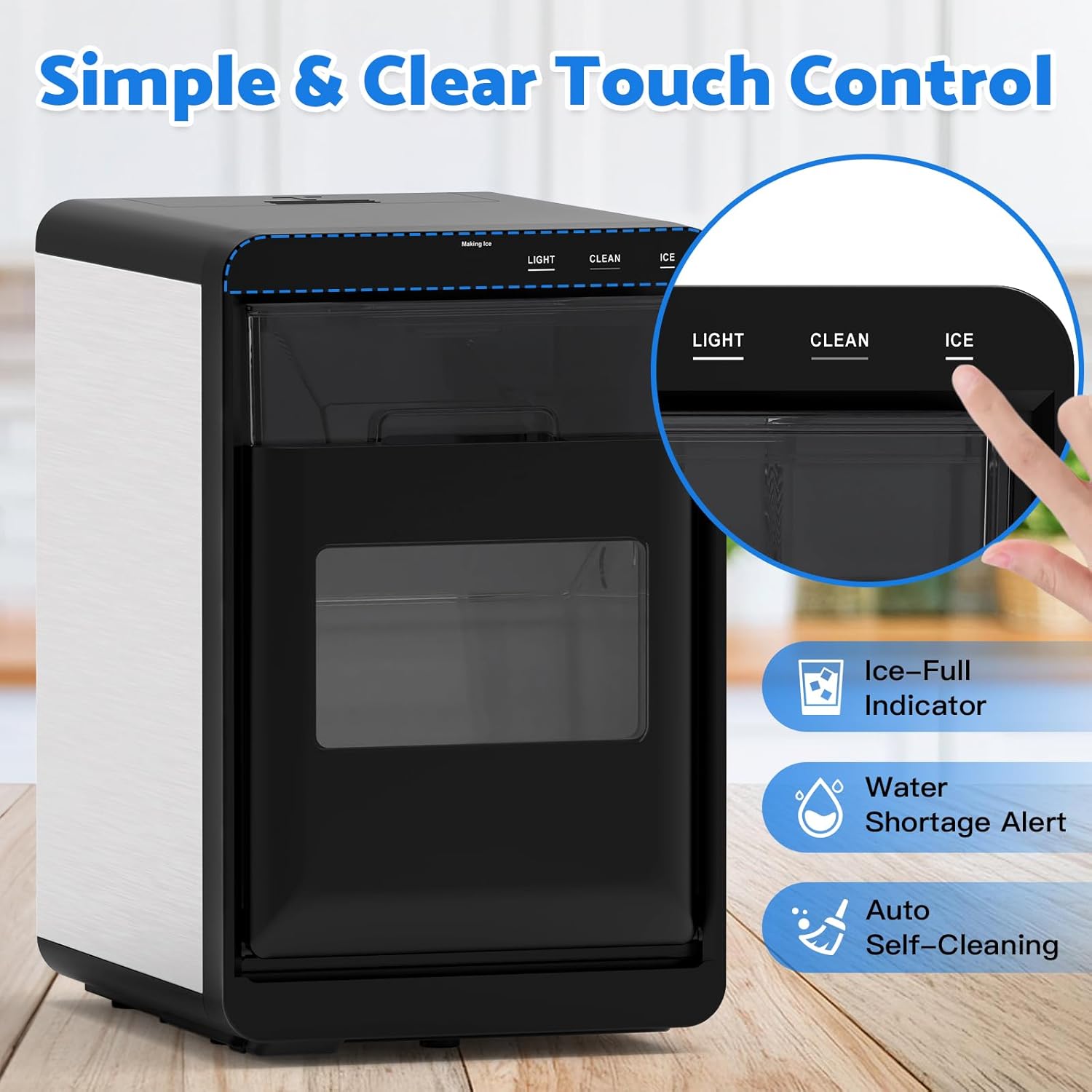 ADVWIN Model 303300 Ice Maker with a close-up of its simple and clear touch control panel, showing 'LIGHT', 'CLEAN', and 'ICE' buttons, along with indicators for ice-full, water shortage, and auto self-cleaning.